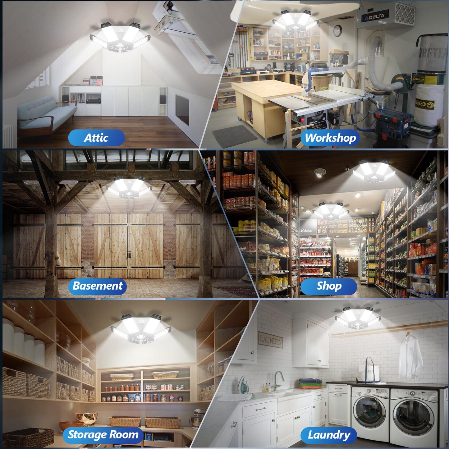 XINGHUANLIT Garage Lights 6 Pack - 200W 20000LM Garage Lights Ceiling LED 6500K, Screw in Shop Lighting with 6+1 Adjustable Panels for E26/E27 Bulb Socket, for Workshop Basement Barn
