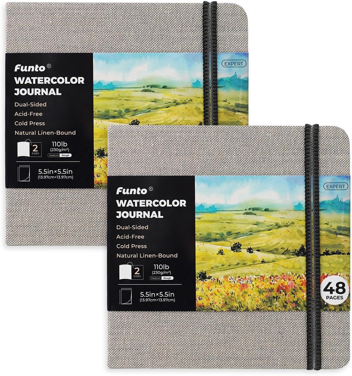 Funto Watercolor Journal, Square, Dual-Sided Cold-Pressed Paper, 5.5" x 5.5", Portable 2-Pack, 48 Pages Each, Gray Cover with Elastic Band, 110 lb/230gsm, Art Supplies for Mixed Media