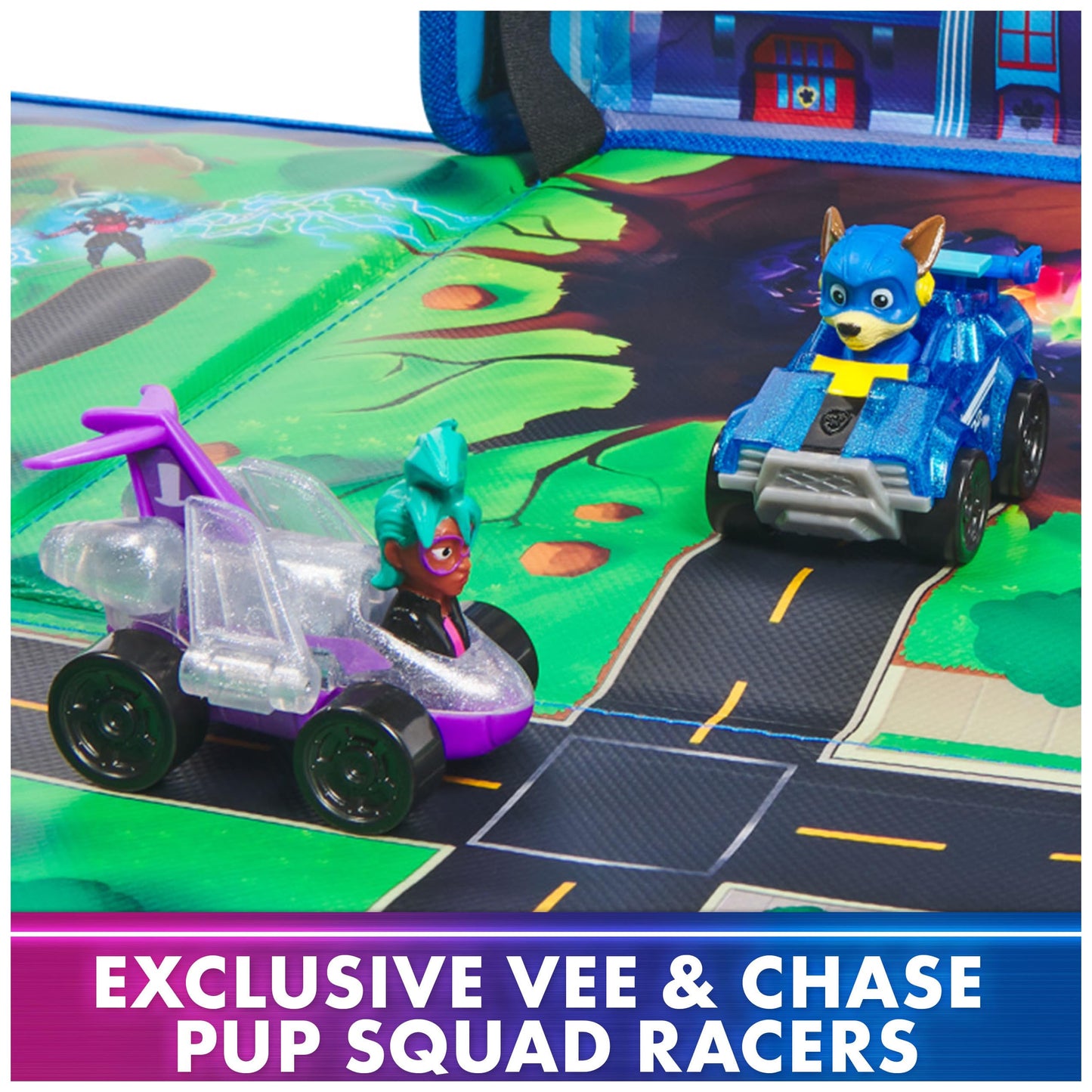 PAW Patrol The Mighty Movie - Pup Squad Gift Pack with Play Mat, Mega Pups Chase and Vee Pup Squad Racer Toy Car