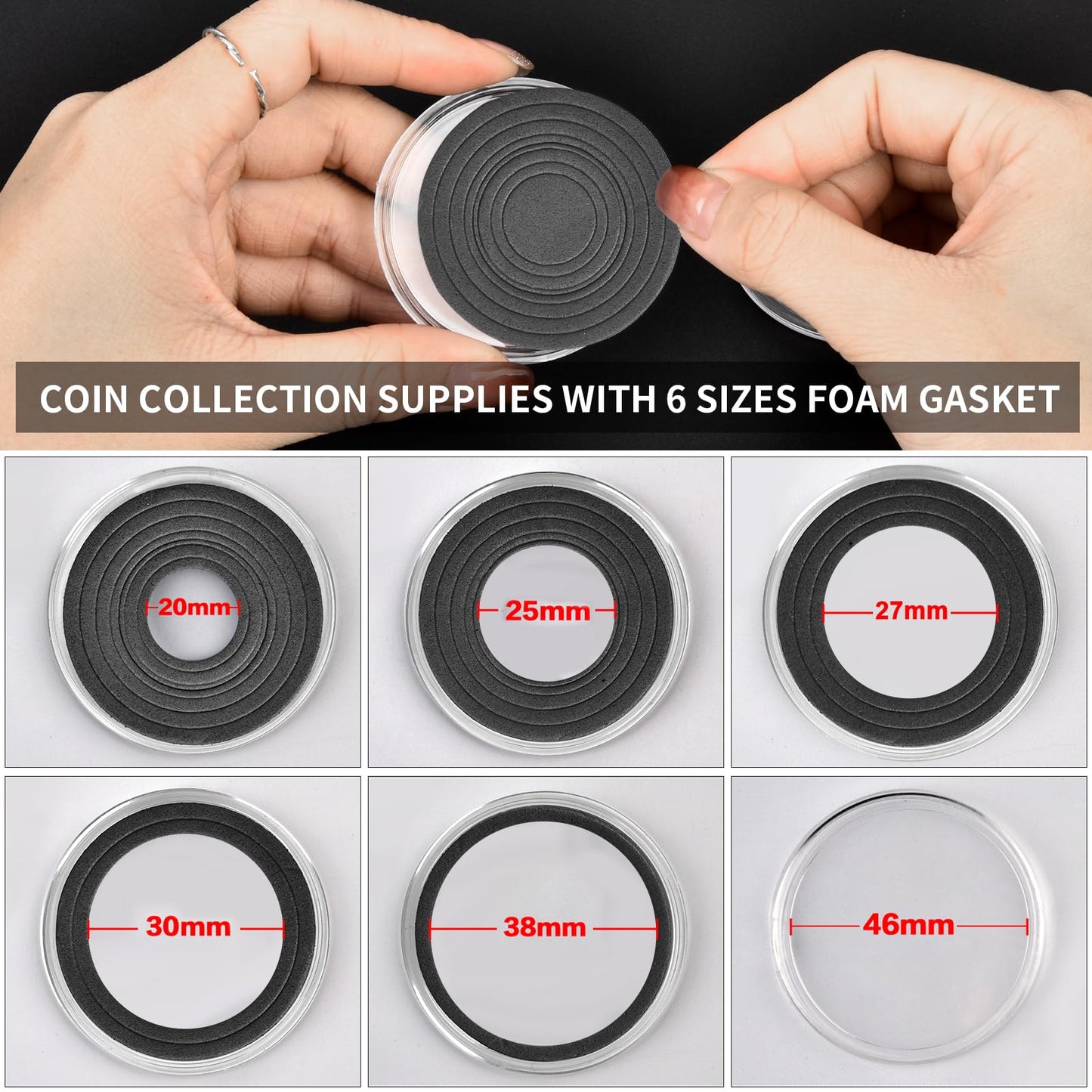 Coin Collector Case with 141 pcs Capsules with Foam Gaskets & 220 Dollar Bill Sleeve-Coin Collection Supplies Storage Organizer Box for Secure Coin and Paper Money Display(Black case+Black Gasket)