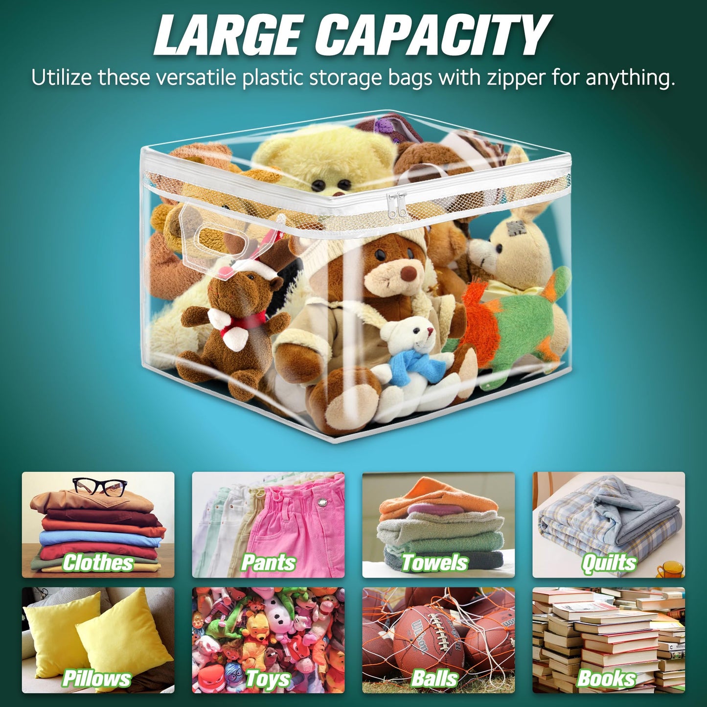HIBAG 10 Gallon Large Storage Bag for Clothes, Zipper Clothing Storage Bag, Clear Organizer with Reinforced Handles, for Closet and Underbed Storage (4 Pack)