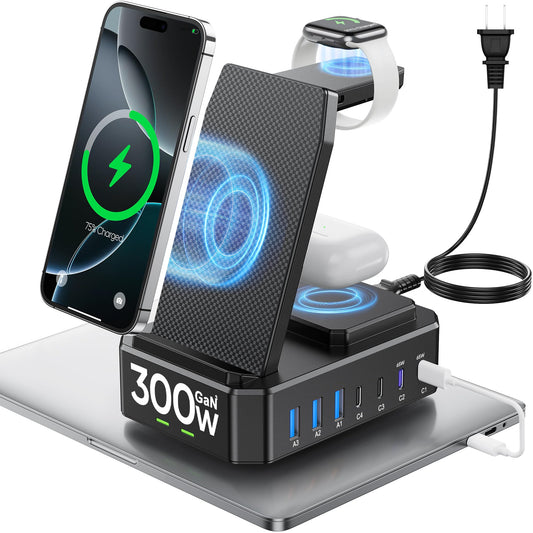 300W Charging Station for Multiple Devices Apple,10 in 1 Wireless Charger for iPhone,GaN III USB C 65W PD Fast Charging Stand Dock for MacBook,Apple Watch&Airpods (Wireless Charging Only for Apple)