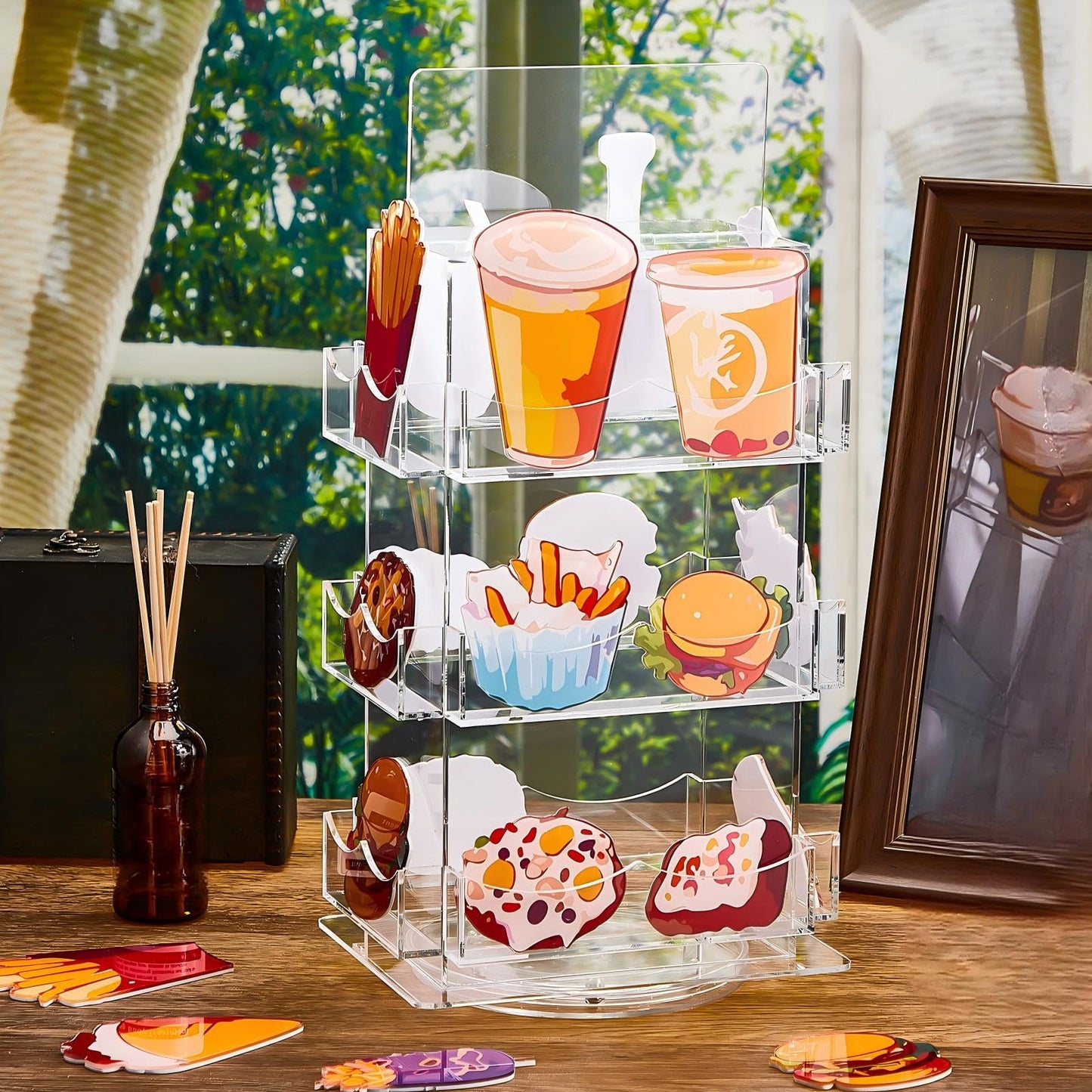 Marsui Sticker Display Stand, 3 Tier Rotating 4 Sided Sticker Holder, 360° Rotating No Assembly Required Clear Acrylic for Bookmark, Stickers, Greeting Card for Vendors(12.6 x 8.07 x 5.9 Inches)