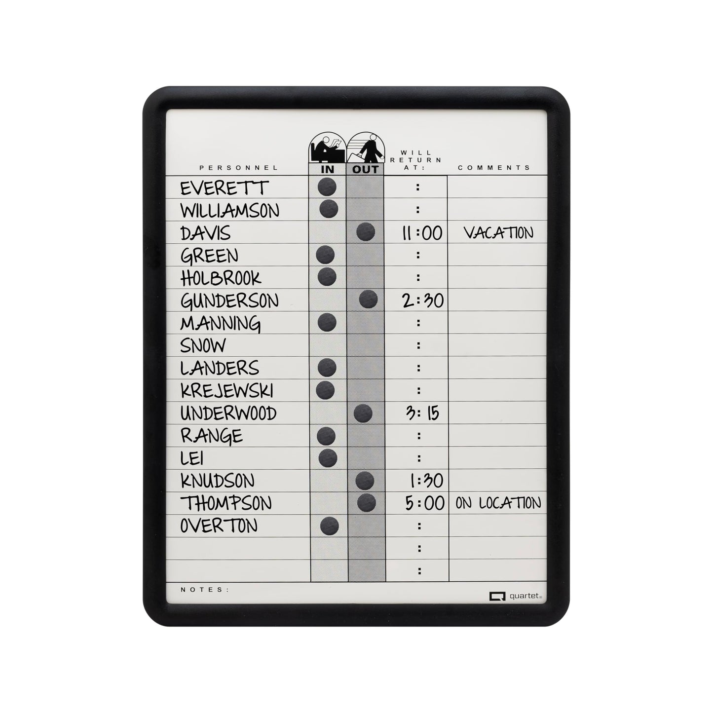 Quartet In and Out Dry Erase Magnetic Board 11"W x 14"H, In & Out Personnel Matrix for 18 Names, DuraMax Porcelain, Black Frame (750)