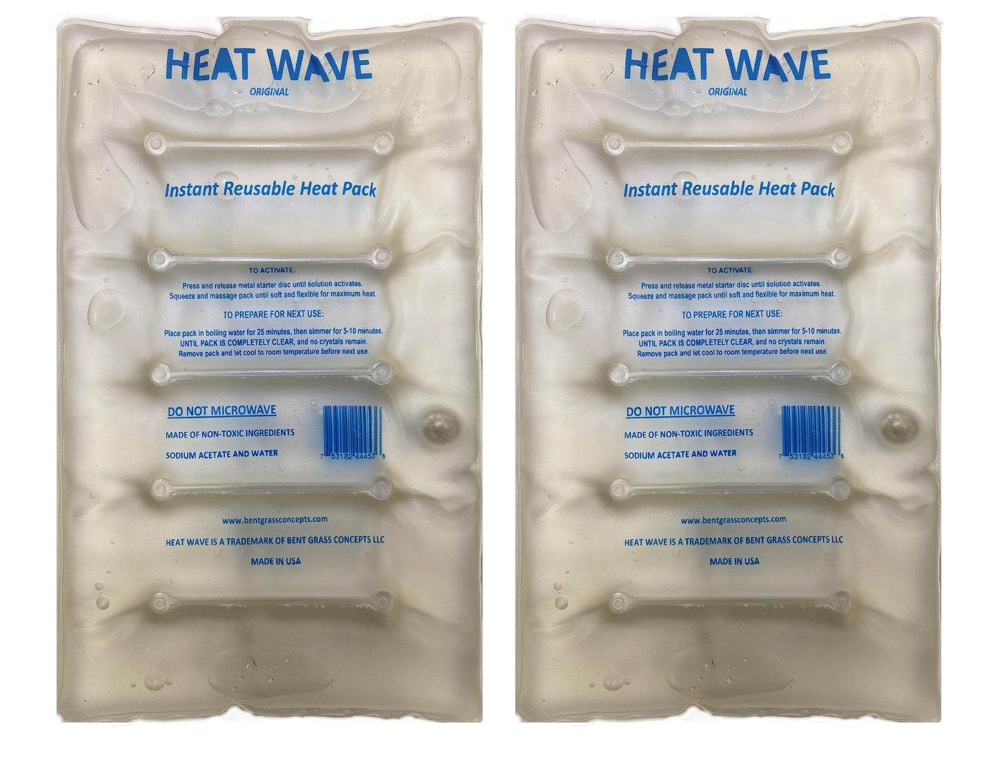 HEAT WAVE Instant Reusable Heat Pack- Medical Grade (8x12) Stiff & Sore Muscles,Pain Relief, Hiking and Camping Warmth Made in USA Large Clear 2-Pack