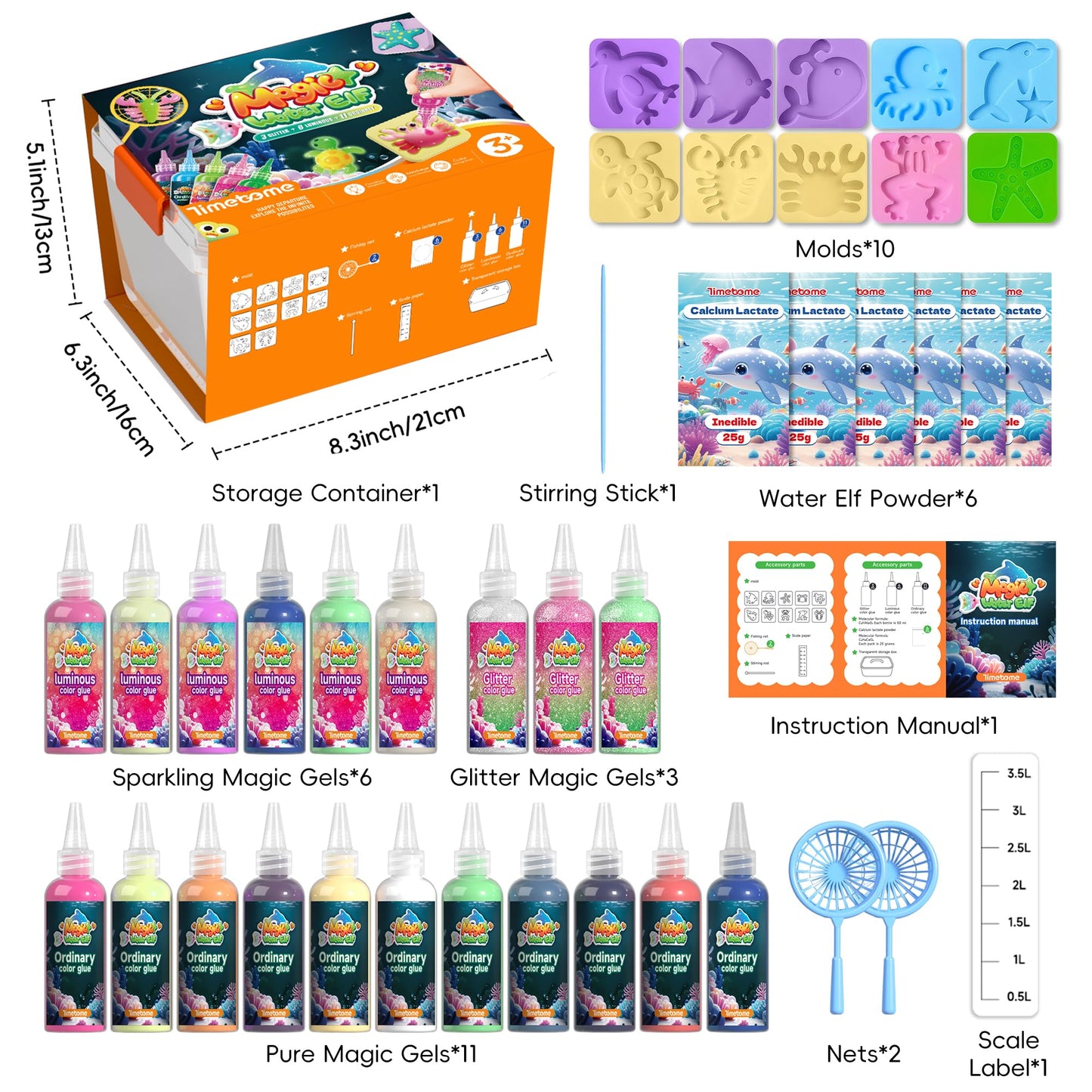 Timetome Magic Water Elf Toy Kit for Kids - 20 Colors Magic Gel (11 Normal + 6 Glow + 3 Glitter) & 10 Molds DIY Aqua Fairy Squishy Maker Toys, STEM Learning Activity, Birthday Gift for Boys & Girls 3+