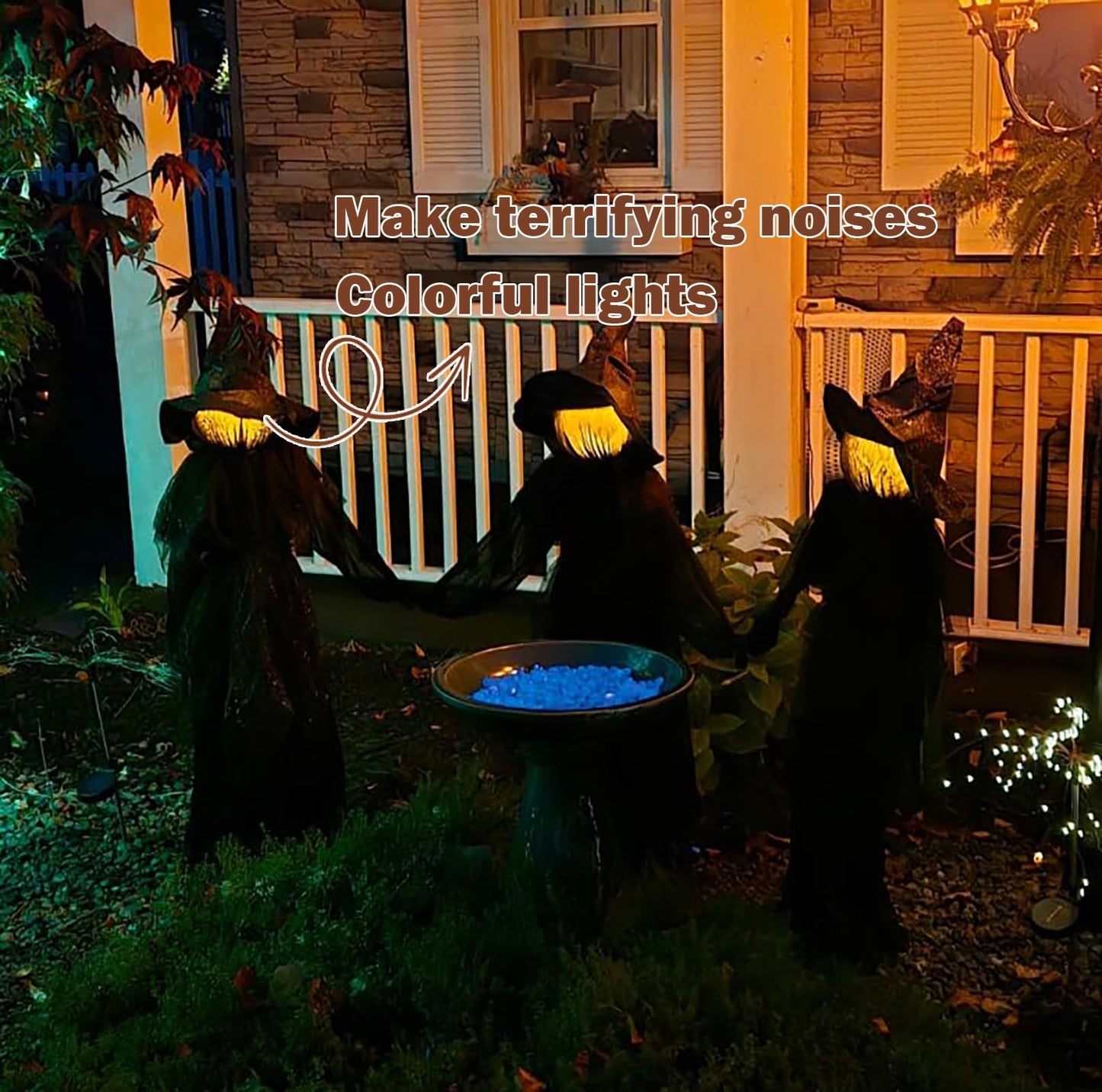 Halloween Decorations, Set of 3 Light Up Witches Holding Hands Witches with Stakes，Voice Control Witch Glowing Head Waterproof for Outside Garden Statue Decoration Grass Lawn