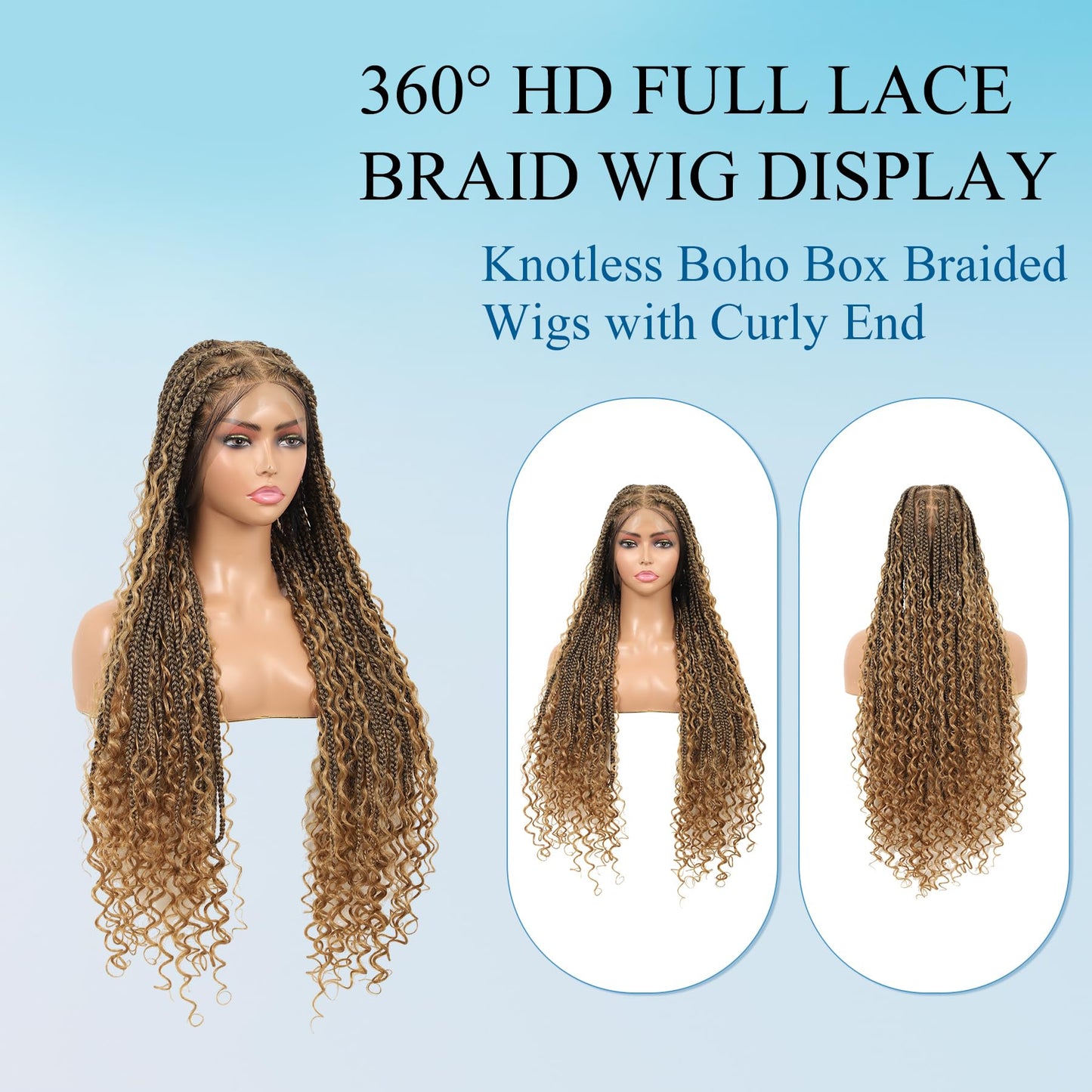 Olymei 360° HD Full Lace Braided Wigs Boho Braided Wigs Square Knotless Braided Wigs for Women Box Braid Wig with Curly End Braided Lace Front Wigs with Baby Hair Human Hair Blended 36" Light Brown