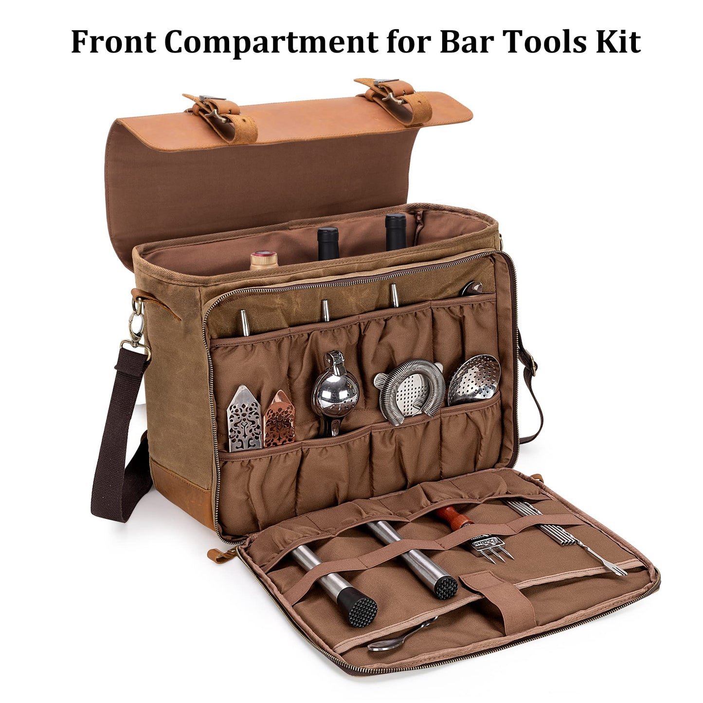 LoDrid Vintage Bartender Kit Bag with Flexible Compartments for Wine, Leather Waxed Canvas Bartender Bag with Removable Dividers, Bar Bag with Handle and Shoulder Strap, Bag Only, Patent Design