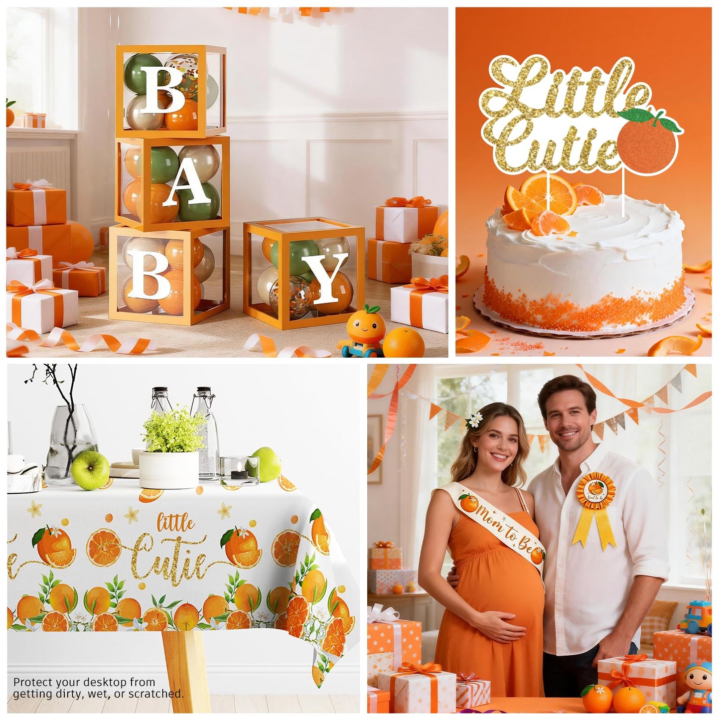 Fexivo 279 PCS A Little Cutie Is On The Way Decorations, All-in-One Orange Baby Shower Party Pack With Balloon, Backdrop, Plates and Napkins, for Little Cutie Baby Shower, Service 25