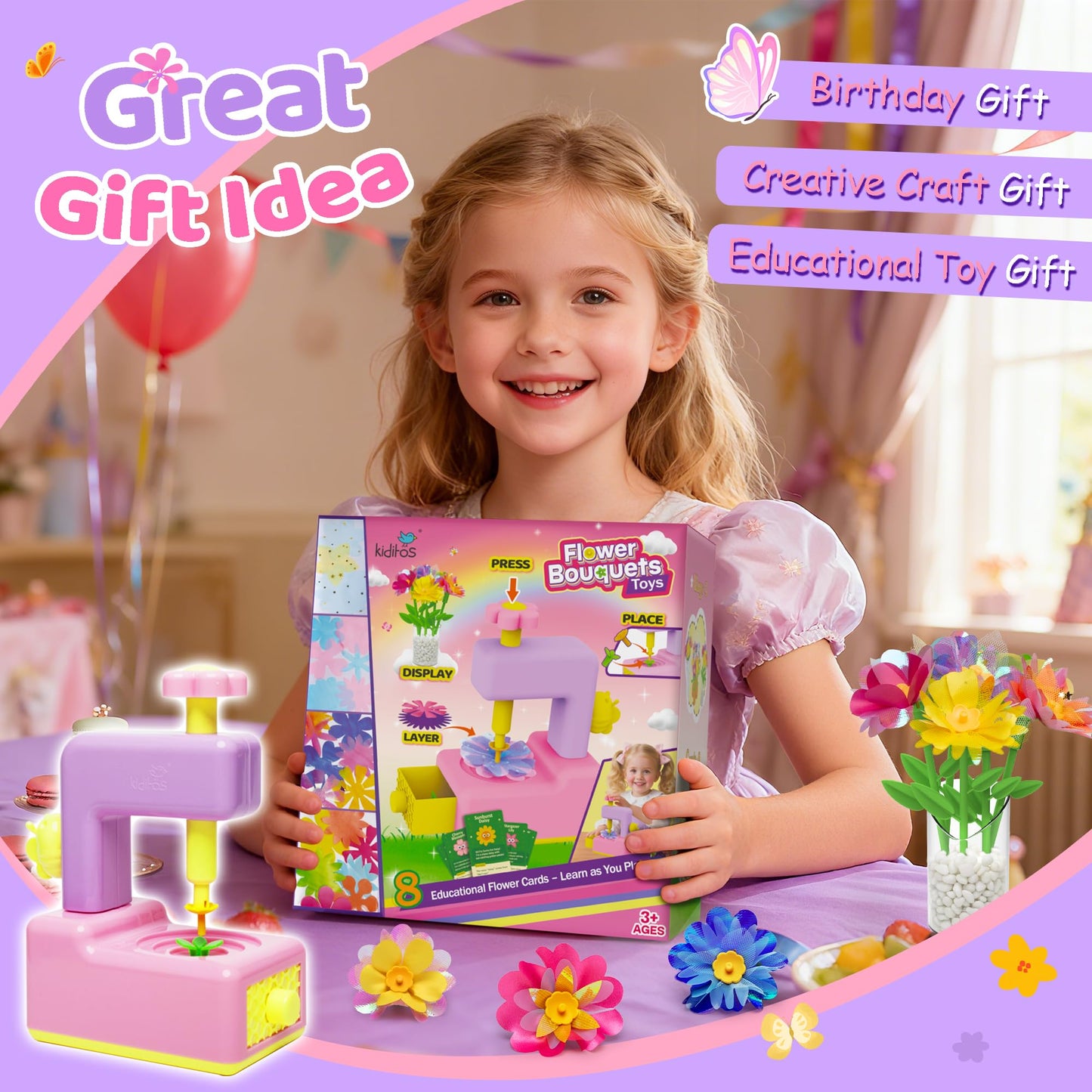 Kiditos Flower Maker Toy for Kids, DIY Flower Bouquet Craft Kit, Build Your Own Flower Bouquet, Flower Craft Kit for Girls, Arts and Crafts Gift for Girls Age 3+