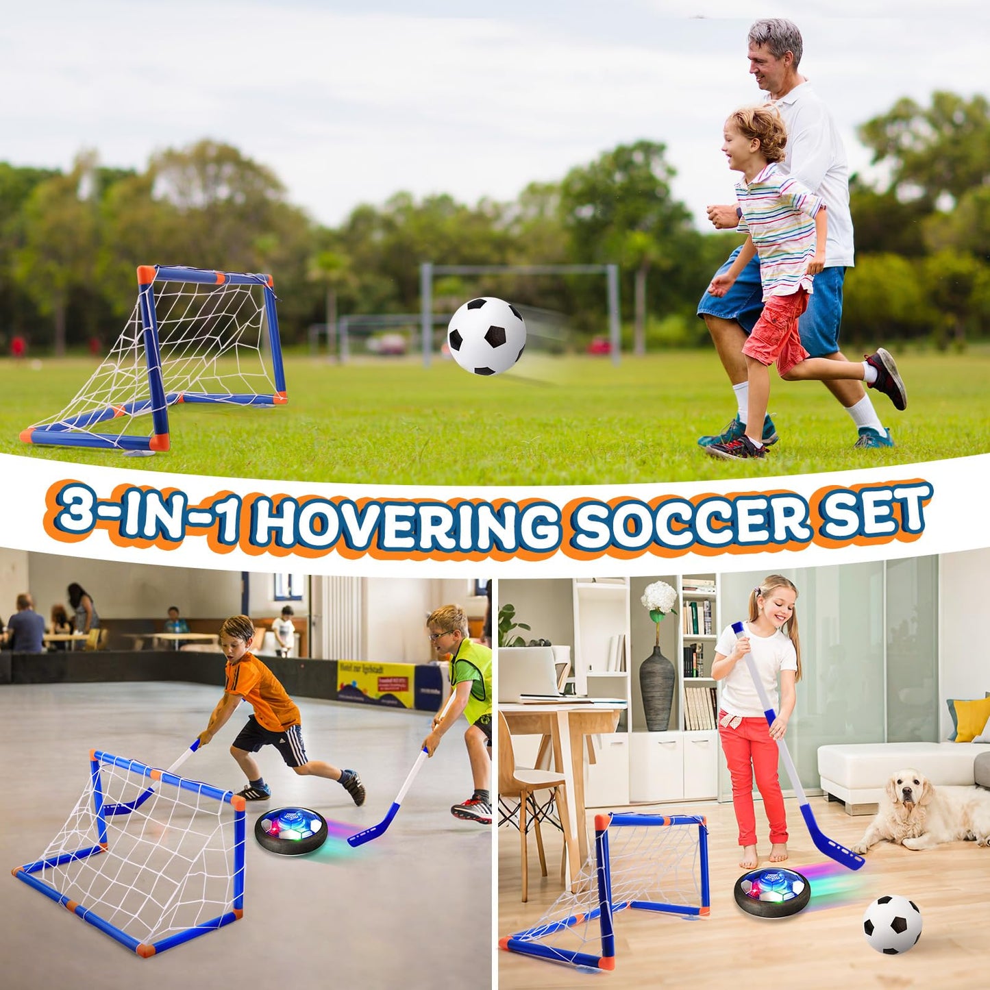 Nazano 3-in-1 Hover Hockey Soccer Ball Set for Kids, Boys Birthday Gifts, Hockey Toys for Boys 6-8 8-12, LED Lights, Indoor Outdoor Sport Ball Game Toy, Ideal Soccer Gifts for Kids Girls