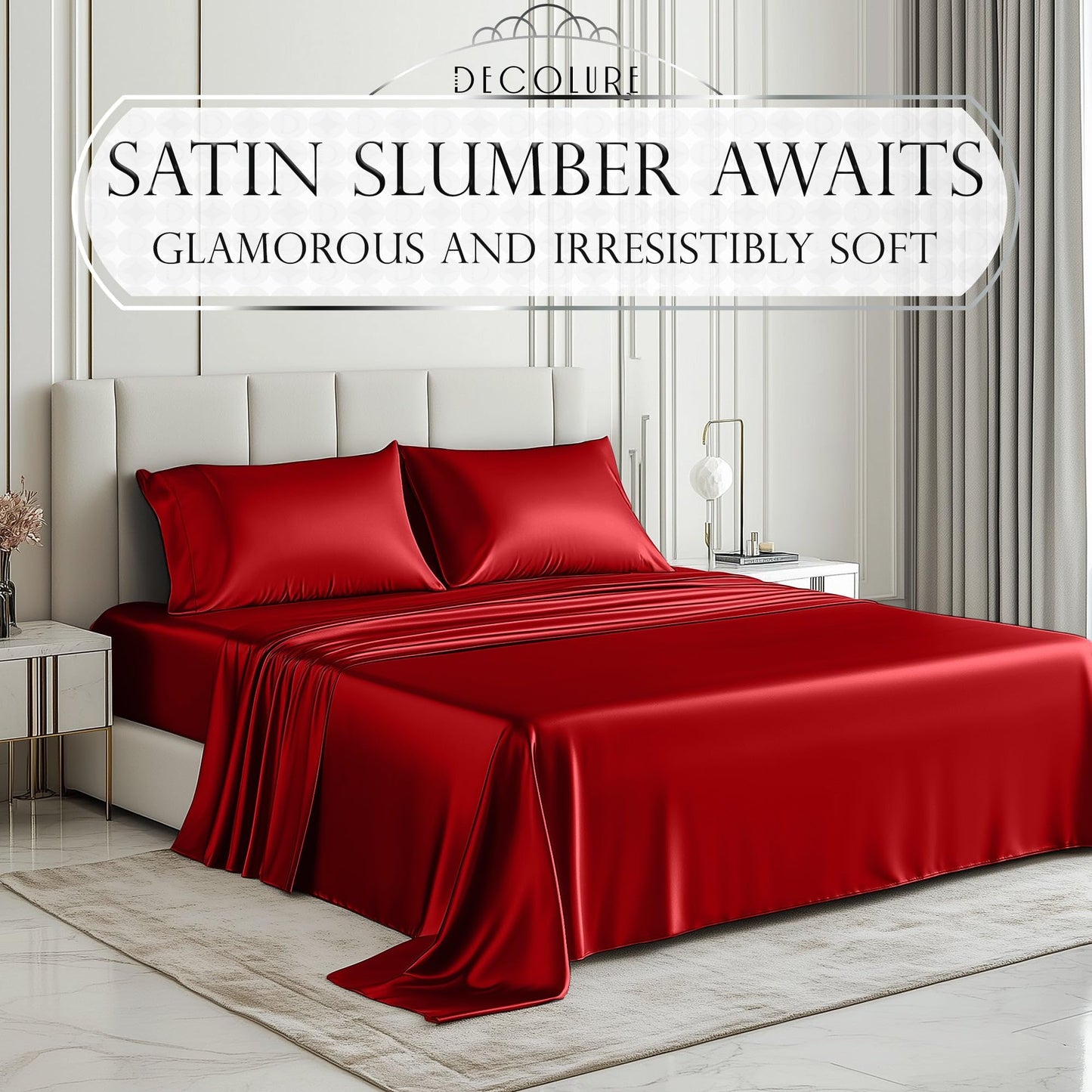 DECOLURE Satin Bed Sheets - 4 Piece Luxury Silky King Size Bedding Set - Softer Than Silk, Wrinkle-Free with 15” Deep Pocket Fitted Sheet, Perfect for Hair & Skin, Gifts for Women (Red)