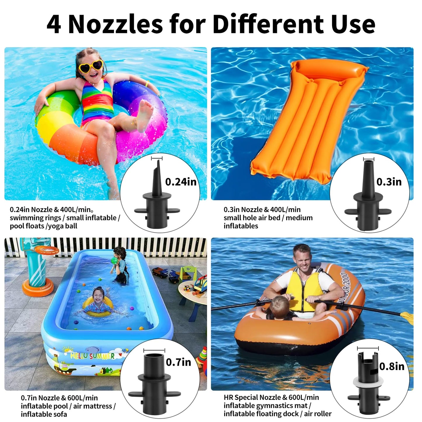 Electric Air Pump for Inflatables, 600W High Power Quick-Fill Air Pump with 4 Nozzles, Inflator & Deflator Pumps for Air Mattress Air Beds/Pool Toys/Pool Floats/Gymnastics Track Mats, AC 110-120V