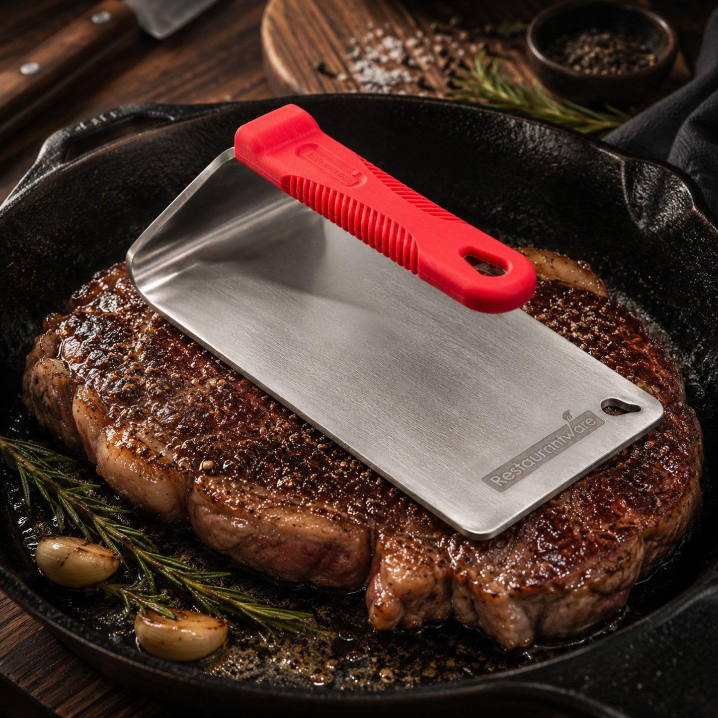 Restaurantware Met Lux 8.5 x 4.3 Inch Steak Press 1 Heavy-Duty Grilling Weight - 2.8 Pounds Flat Bottom 18/8 Stainless Steel Meat Press Dishwashable With Removable Silicon Handle
