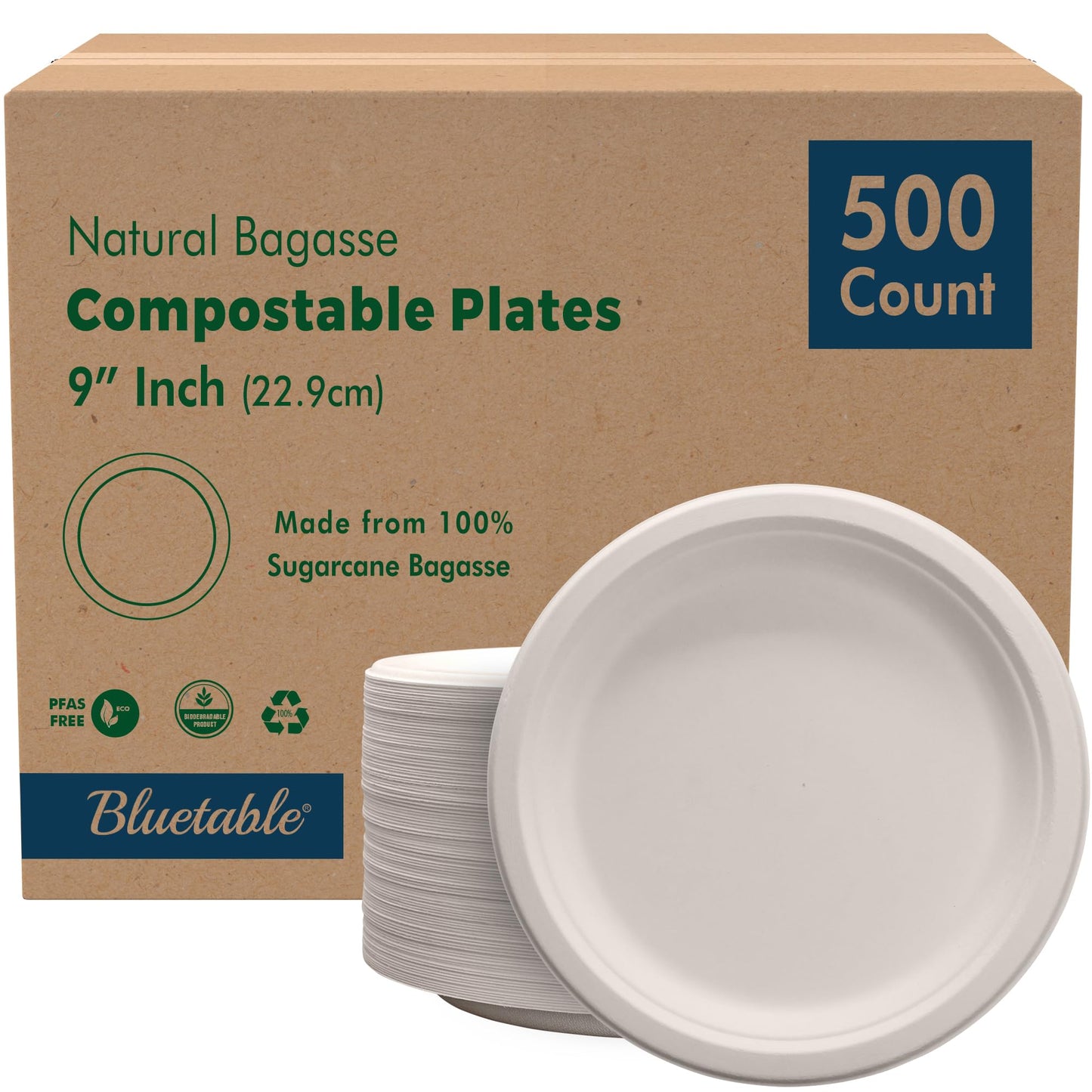Compostable Paper Plates 9 Inch Bulk Plates [500 Case Pack] - Biodegradable Made from 100% Sugarcane - Heavy Duty Disposable - Eco Friendly - Bagasse Dinner Plates Natural Recycled Plate [500 Case]