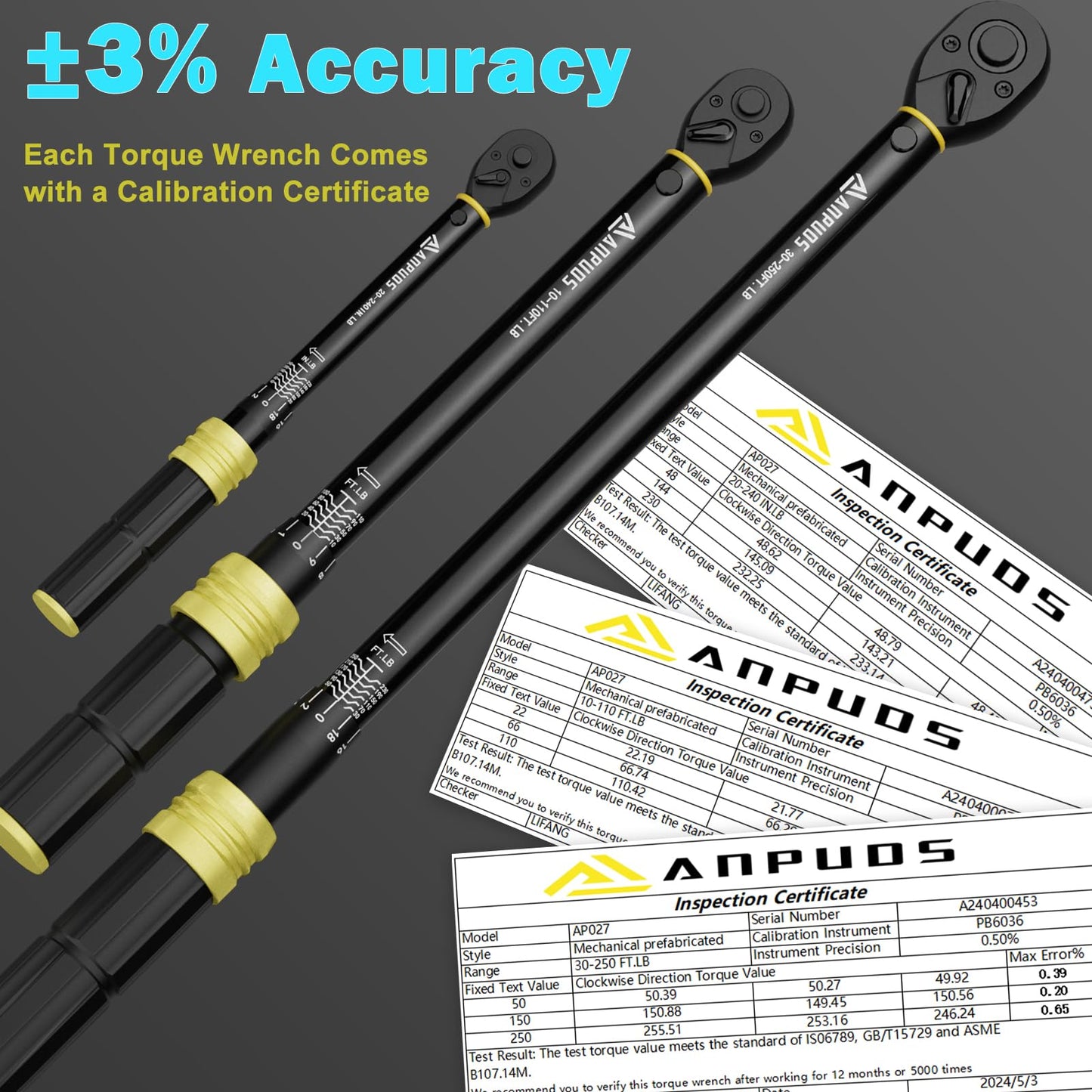 ANPUDS 1/4 3/8 1/2-inch Drive Torque Wrench, 5 Pcs Click Torque Wrench Set, 20-240in.lb, 10-110Ft.lb, 30-250Ft.lb with 2 Adapters, Dual-Direction, 72-Tooth, Dual Range Scales for Bike, Motorcycle, Car