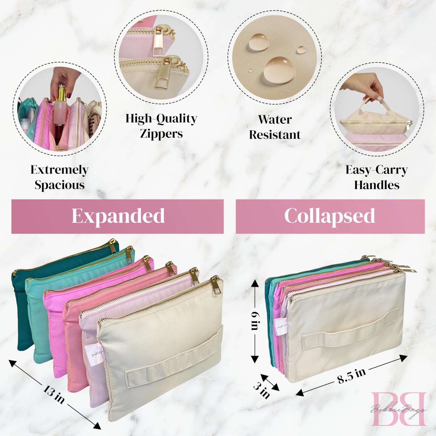 BOBBIE BAGS Accordion Makeup Bag, Travel Makeup Bag with 6 Compartments, Large Capacity Cosmetic Bags for Women, Toiletry Bag for Women, Makeup Organizer, Zipper Pouch Preppy Stuff