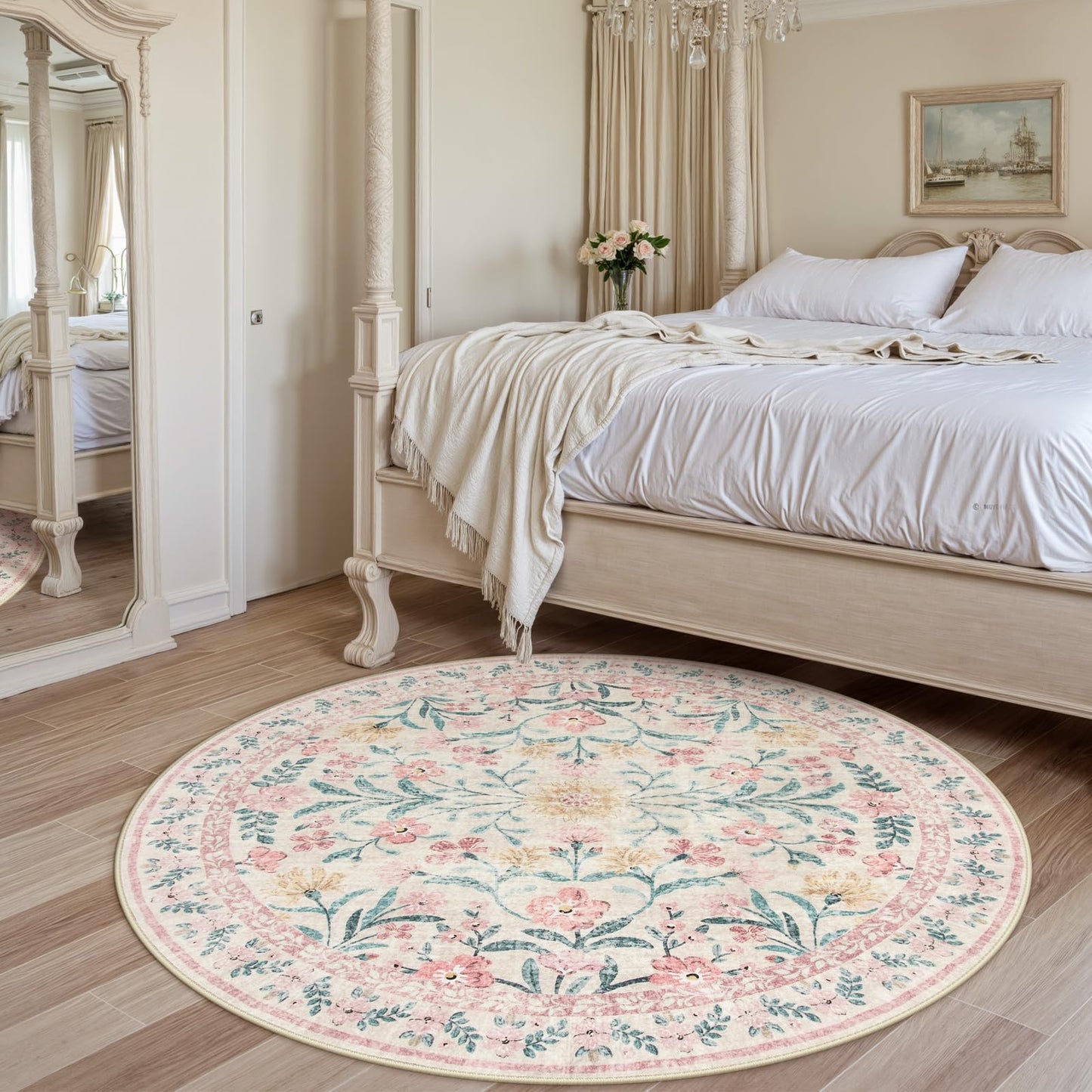 Wonnitar Washable Round Rugs 6ft, Pink Floral Circle Rug Large Round Carpet for Bedroom, Boho Soft Ultra-Thin Circular Carpets for Kids Playroom Living Room Nursery