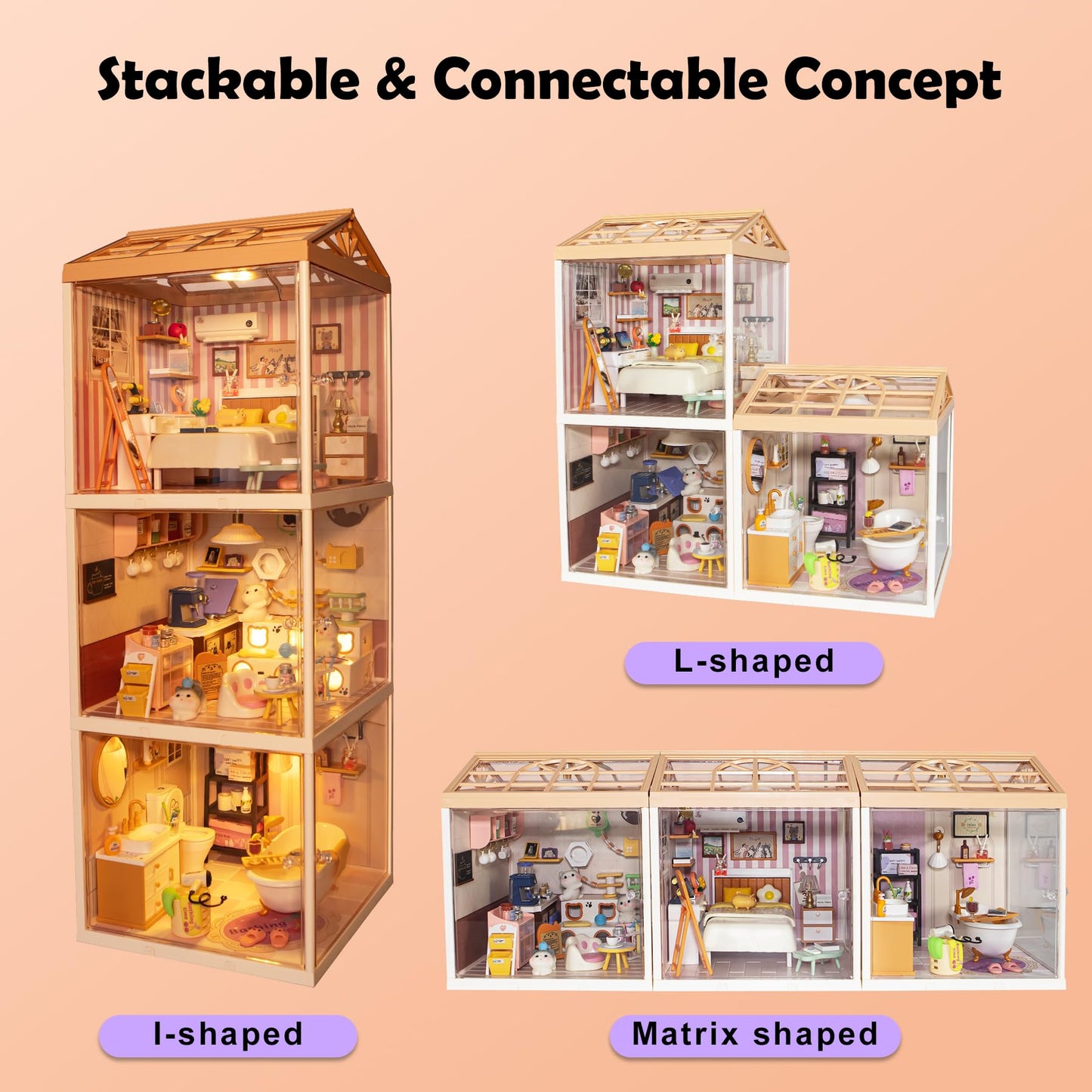 BeepZipp Cozy Bedroom DIY Miniature House Kit for Adults, 3D Dollhouse with LED Light & Dustproof Door, Stackable Connectable Display Case, Creative Gift for Home Decor Lovers Teens Women