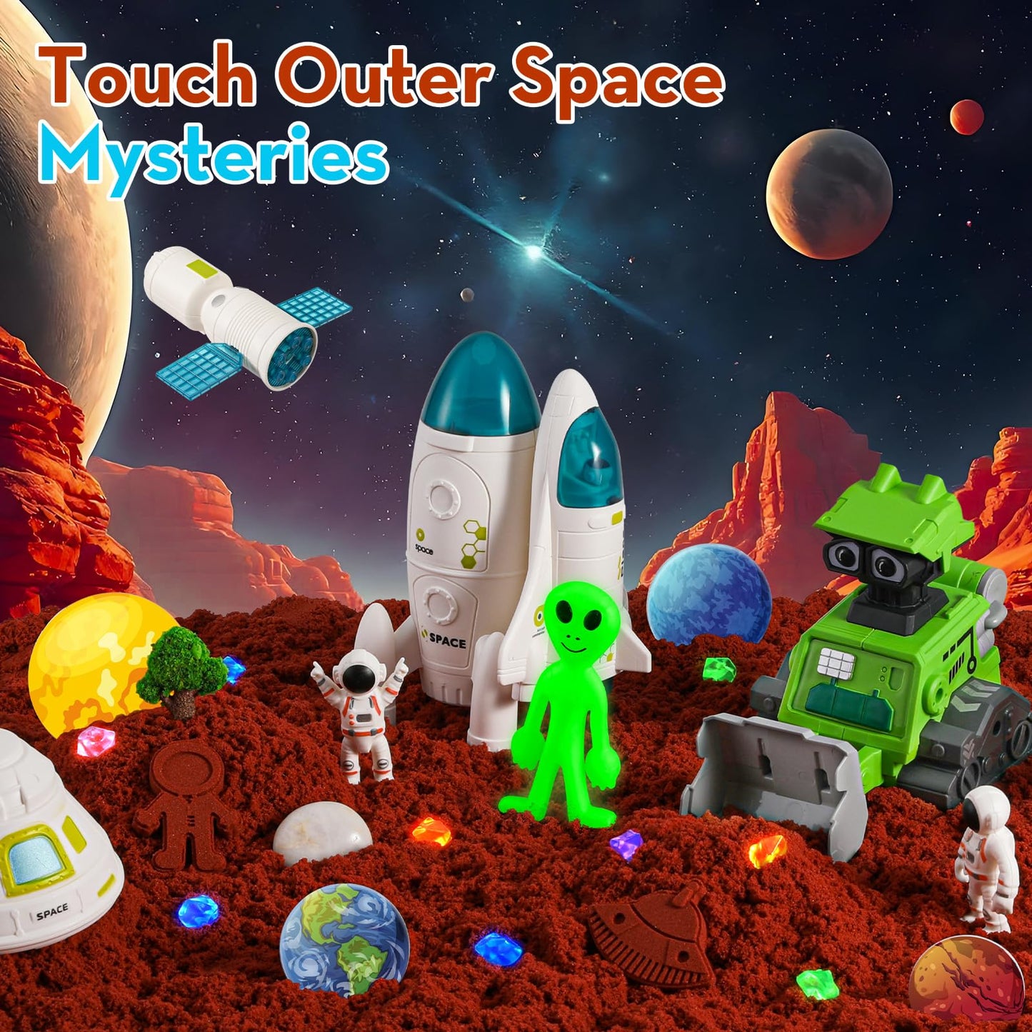 KNASON Outer Space Sensory Bin,Play Sand Kit for boys with 1 KG Sand,Glow in The Dark Alien and Gems,Space Science Kits Sandbox Toys Preschool Toddler Activities Christmas Gift for Kids Ages 3-8