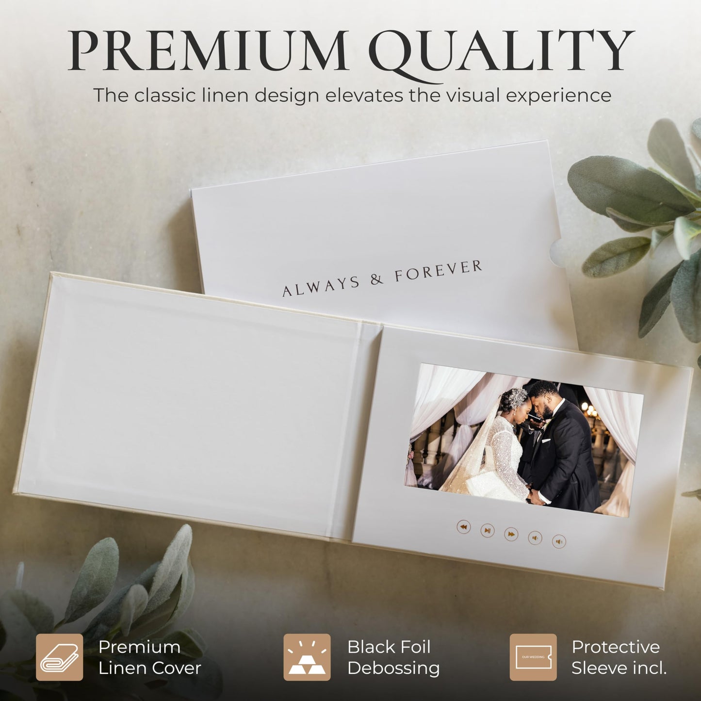 The Motion Books (ALWAYS & FOREVER - BLACK FOIL) | Luxury Linen Bound Video Book | Black foil letter stamping | Up to 3 hours of video, 7” IPS Display, 4GB of memory & Rechargeable Battery