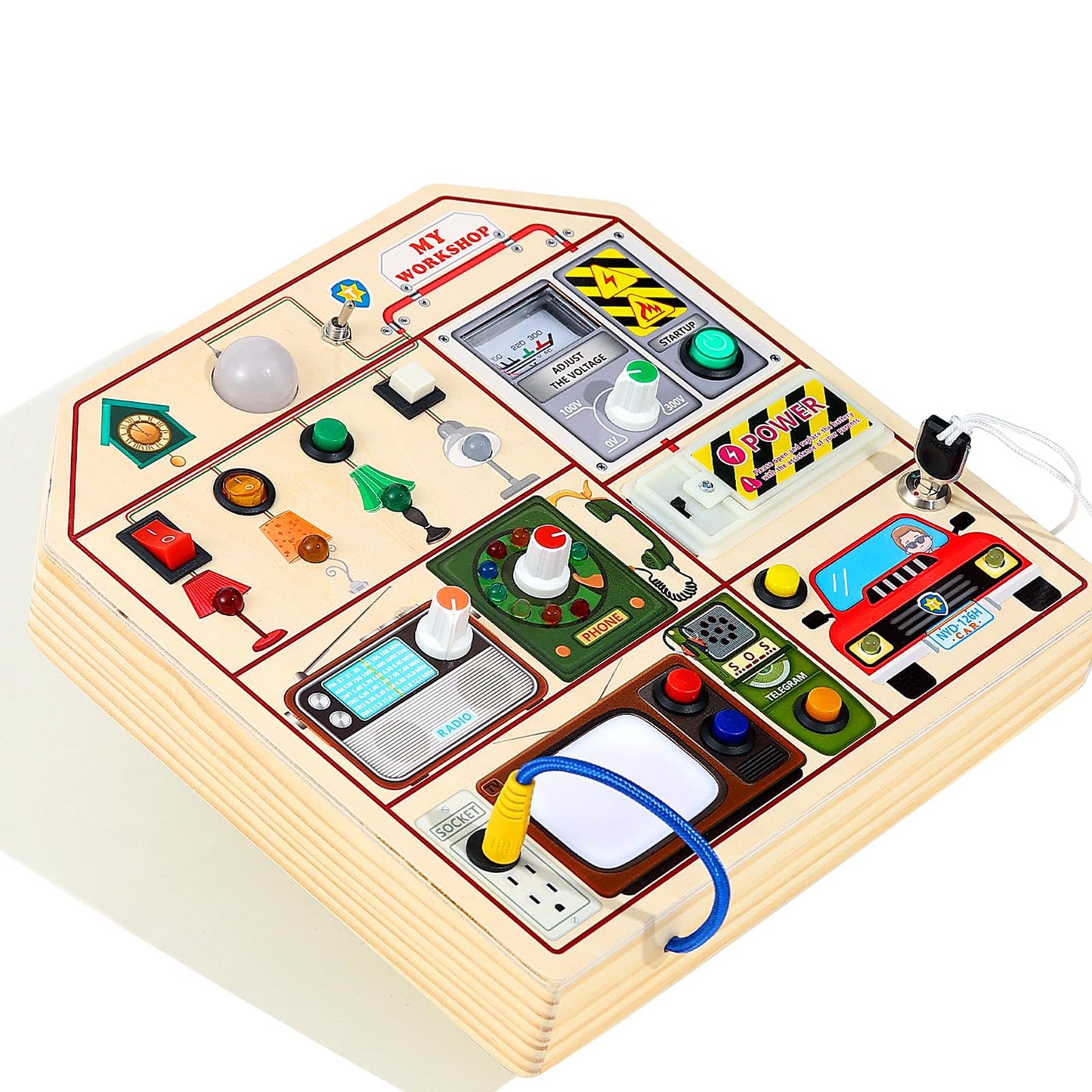 Montessori Wooden Busy Board for Toddlers 1 2 3 Years Old, Wooden Sensory Toddler Toys with LED Light Switches, TV Radio Telegram and Car Driving, Travel Toys Birthday for Boys Girls