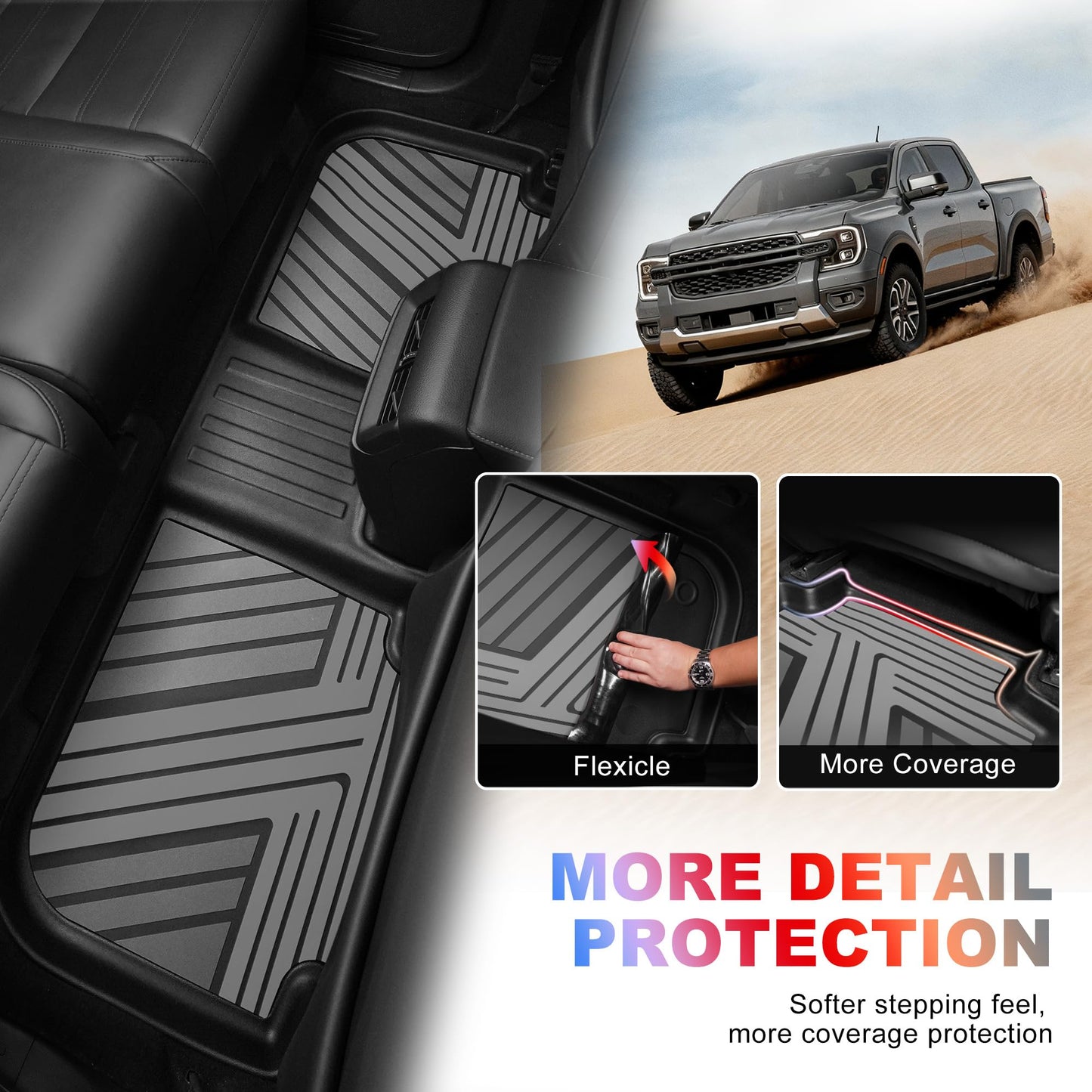 AOMSAZTO Floor Mats for Ford Ranger SuperCrew Cab 2024 2025 2026, 1st & 2nd Row All Weather Protection Car Liners Waterproof Anti Skid Mats (Gray)