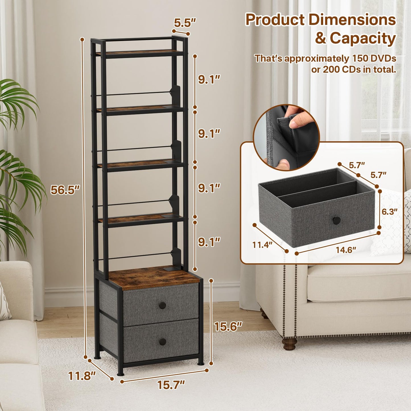 Epouseter CD Storage Rack with Drawer, 5-Tier DVD Organizer Shelf w/Adjustable Book Stoppers, Media Storage Rack for CD/DVD, Books & Games, Ideal for Living Room & Home Office – 15.7x11.8x56.5Inches