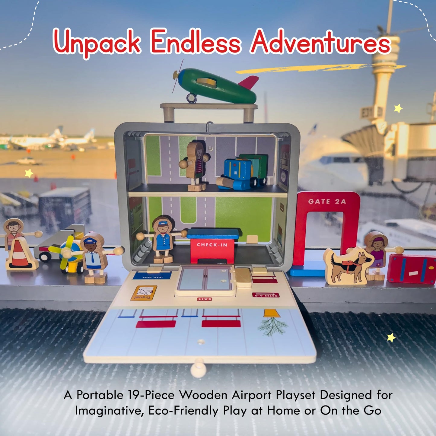 Jack Rabbit Creations Airport Suitcase Playset 19 Eco-Friendly Wooden Figures- Travel Toys- Includes Airplanes, Luggage Cart, Pilot, Flight Attendant, Cones, Gate and Service Dog- Boys and Girls