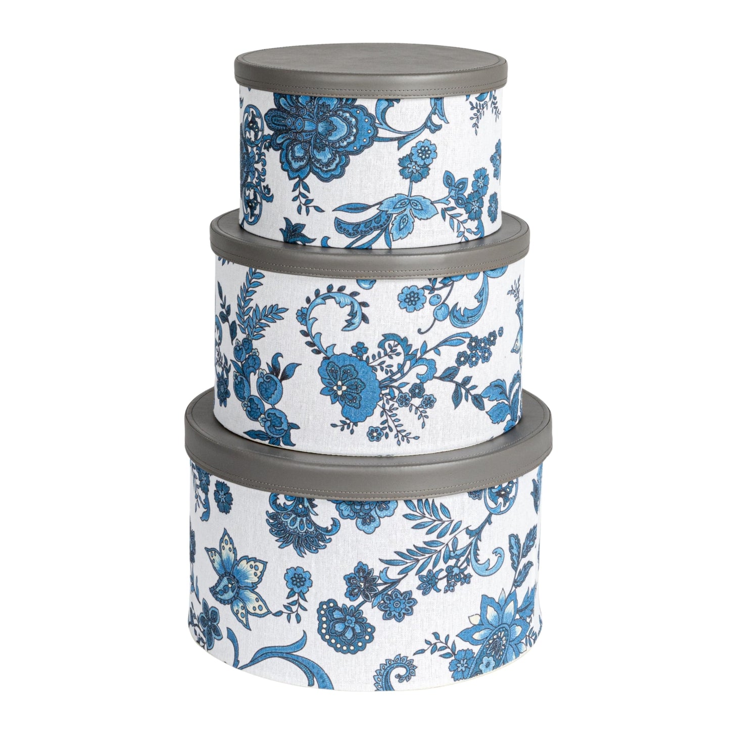 Household Essentials Floral Nestable Hat Boxes with Faux Leather Lids, Cream and Blue, Set of 3