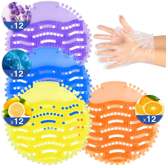 48 PACK Urinal Screen Deodorizer with 100 Gloves-3D Wave Anti-Splash Odor Protection Urinal Cakes for Men Toilets，Four Scents Urinal Mats