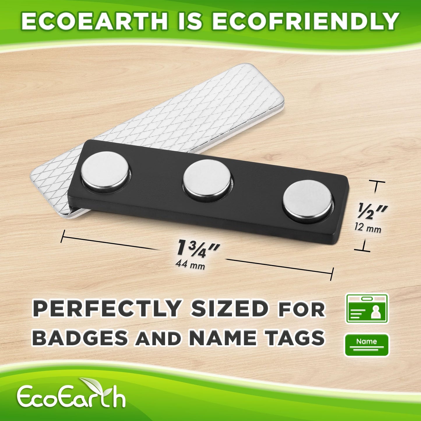 EcoEarth Adhesive Two-Piece Design Name Tag Magnets (100 Badge Holders, 1.75 x 0.5 inches) with 3 Extra-Strong Neodymium Magnets for ID Badge Holders