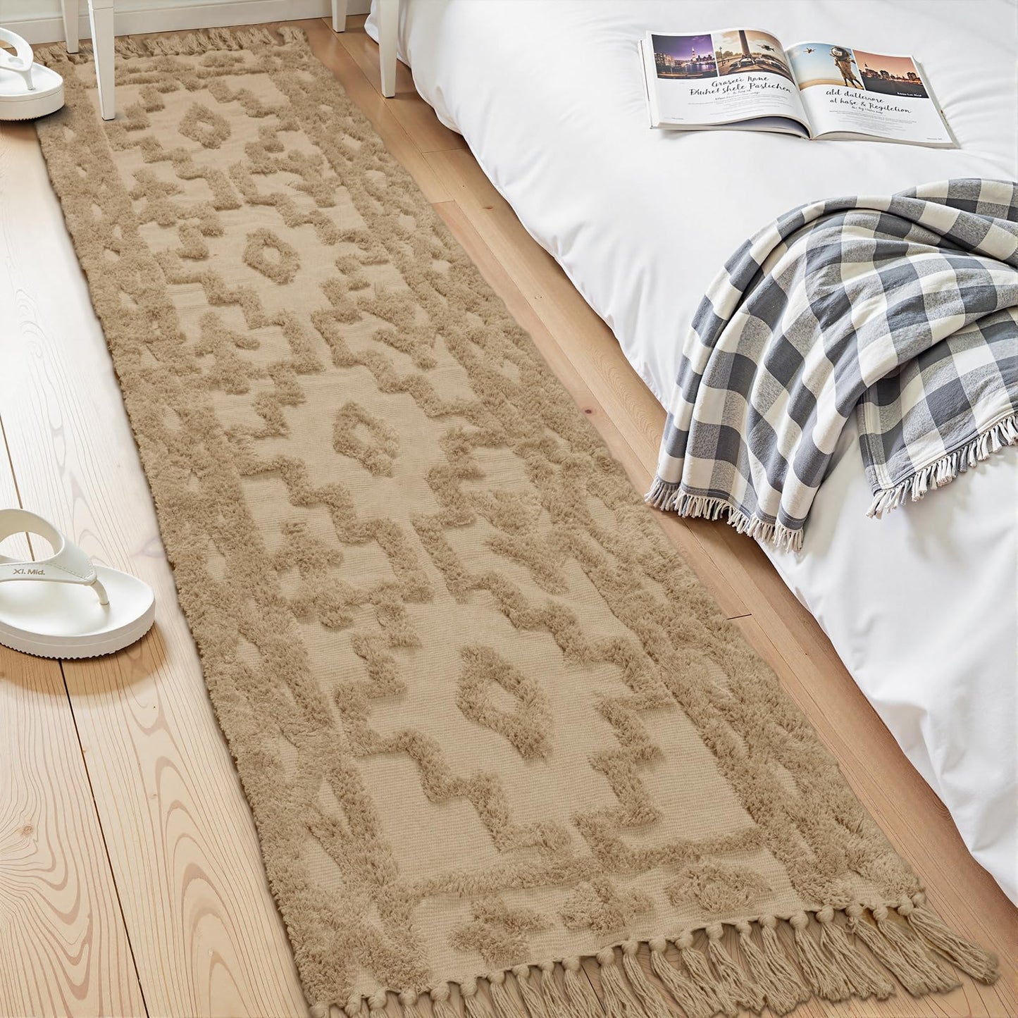 Uphome Boho Runners for Hallways 2.6' x 8', Washable Farmhouse Entryway Runner Rug, Cotton Tufted Bedroom Runner Rugs, Bohemian Tribal Aesthetic Rug for Kitchen Doorway Bathroom Living Room, Khaki