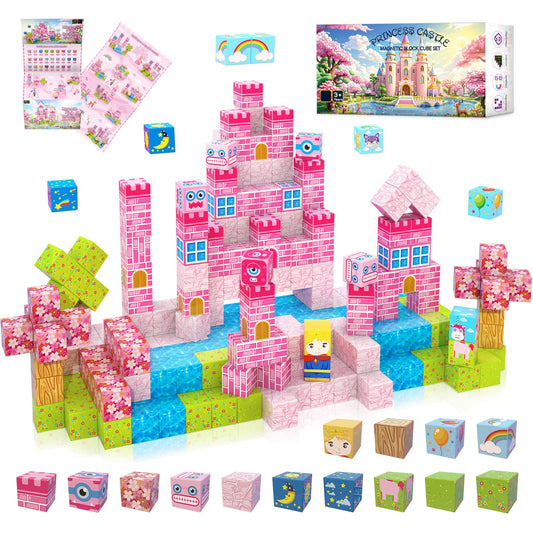 WSHIMIN 100 PCS Magnetic Building Blocks for Kids Ages 4-8, Princess Castle Garden Magnet STEM Sensory Toys-Magnetic Castle Princess, Christmas Birthday Gifts Toy for Girls & Boys 3+ Ages