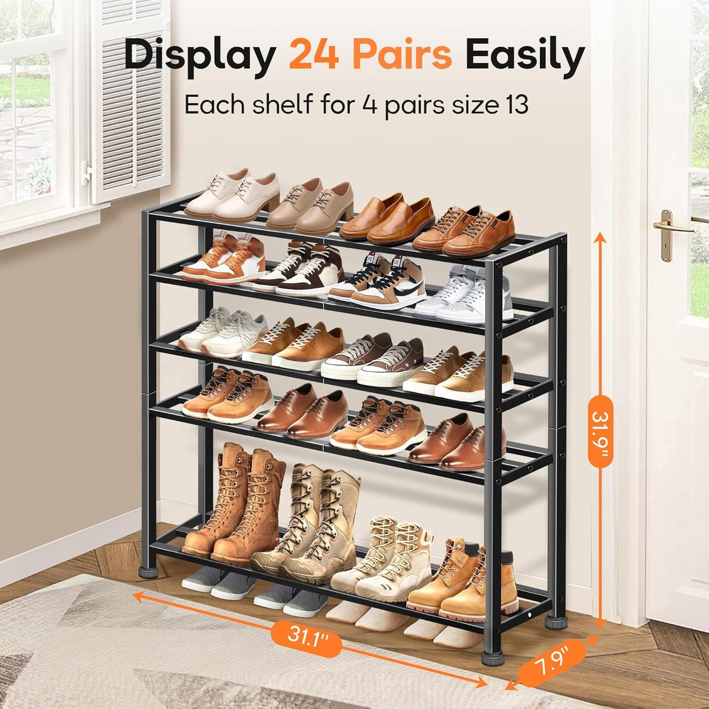 KEETDY 5-Tier Heavy Duty Shoe Rack for Garage Entryway, Stackable Shoe Organizer for 25 Pairs Men Boots, Shoe Rack for Closet Metal Shoe Storage Shelf, Floor, Hallway (Black)
