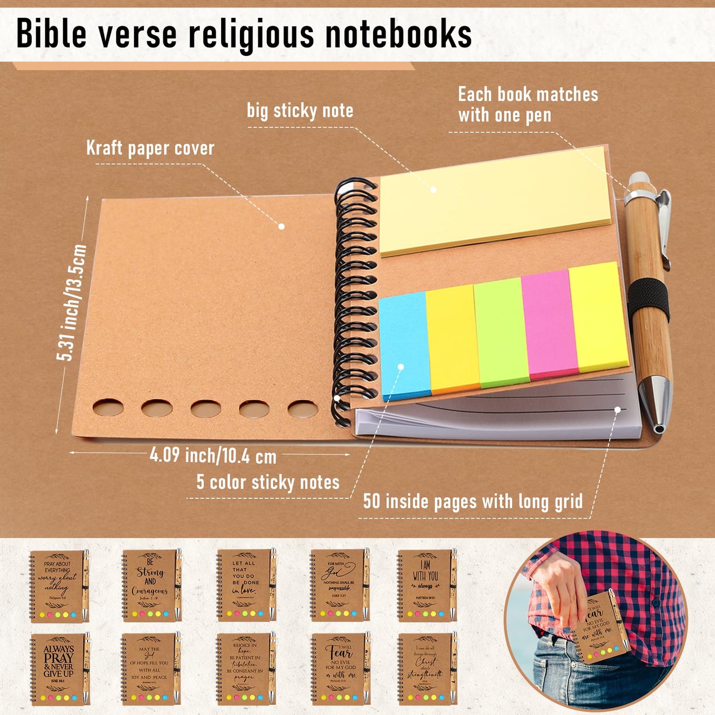 Kosiz 140 Pcs/ 70 Set Christian Gift for Church Bulk Prayer Bible Verse Pen Religious Spiral Notebook with Sticky Notes for Study Group Member Back to School Teacher VBS Sunday School Supplies (Kraft)