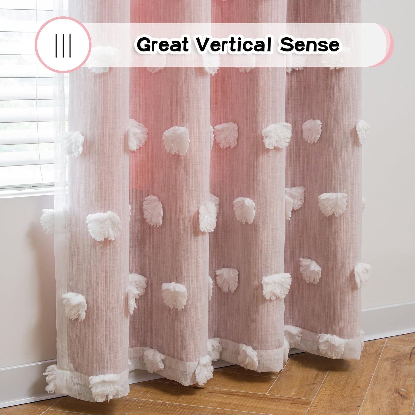 MYSKY HOME Pink Curtains for Girls Room 84 Inches Long Nursery Curtains Girl for Kids Room Double Layer White Pom Pom Sheer Living Room Darkening Window Drapes Back Tab, W52 X L84, 2 Pieces