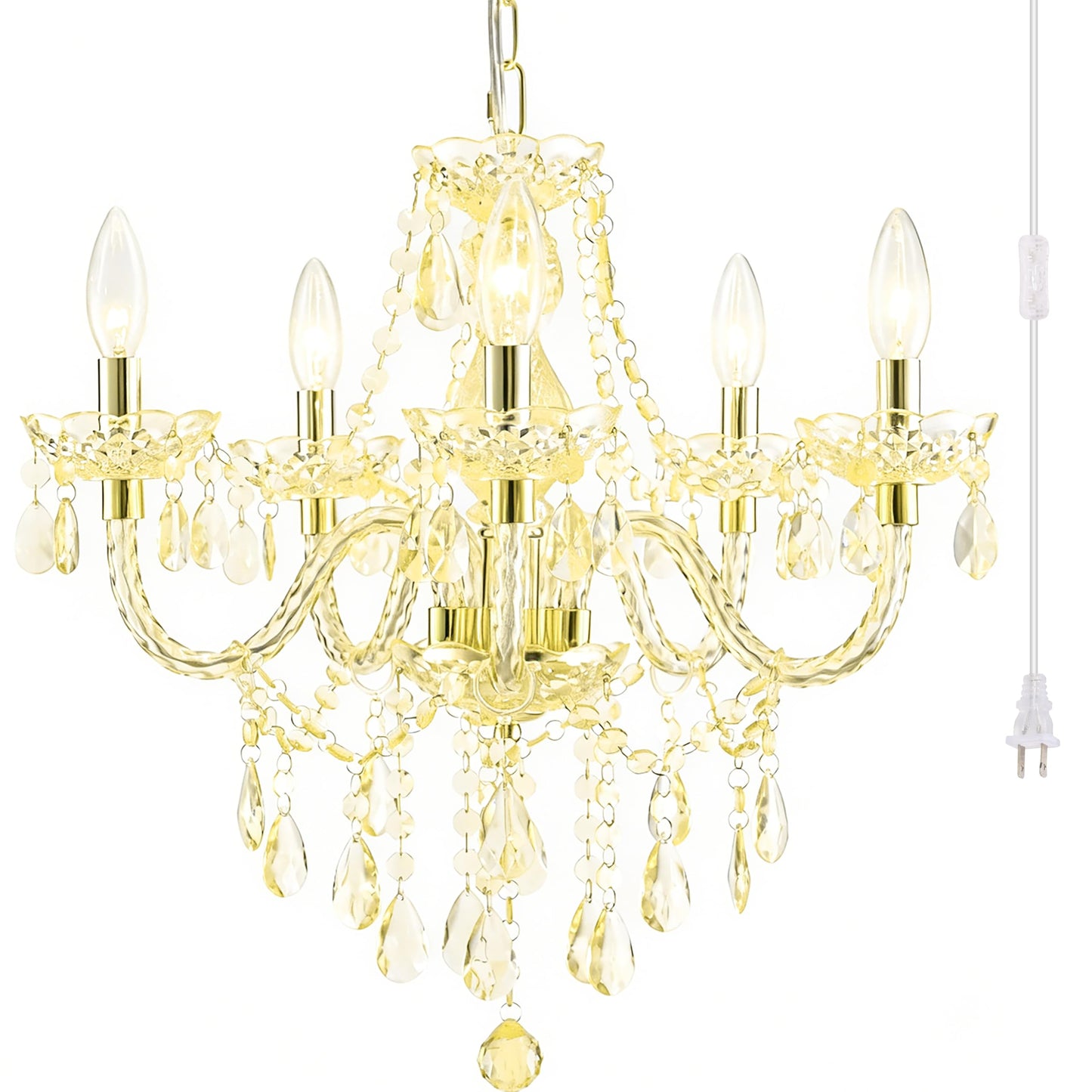 PAPAYA Plug-in 5 Light Gold Crystal Hanging Pendant Lights Acrylic Chandelier with Cord & On/Off Switch H19 D19.7 for Kitchen Island Girls' Room Dining Area Laundry Pavilion