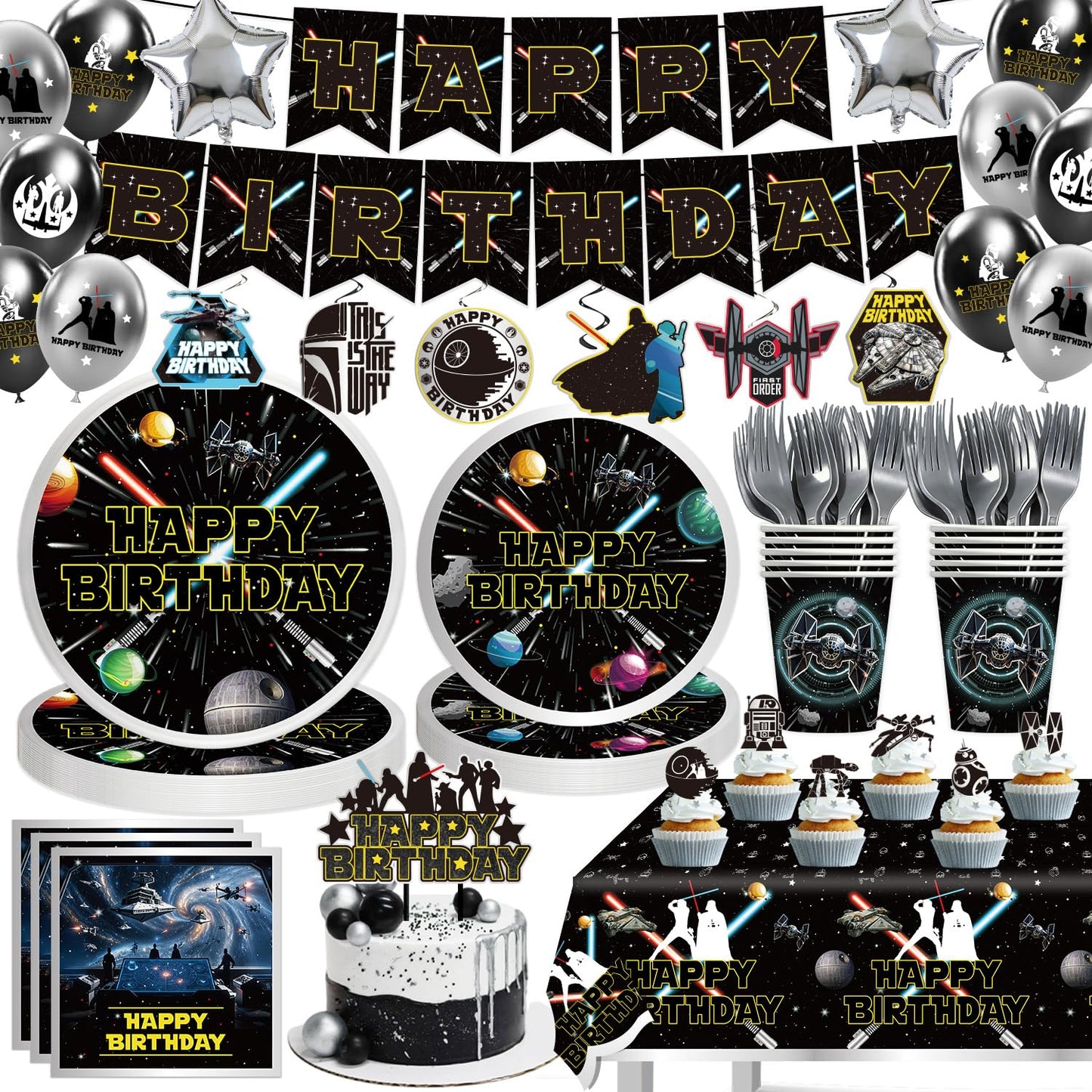 140 Galaxy Wars Birthday Party Decorations, All-in-One Party Supplies Set with Banner, Plates, Cups, Napkins, Balloons, Tablecloth, Hanging Swirls Stickers,Cake Topper,Star Theme Party Tableware Kit