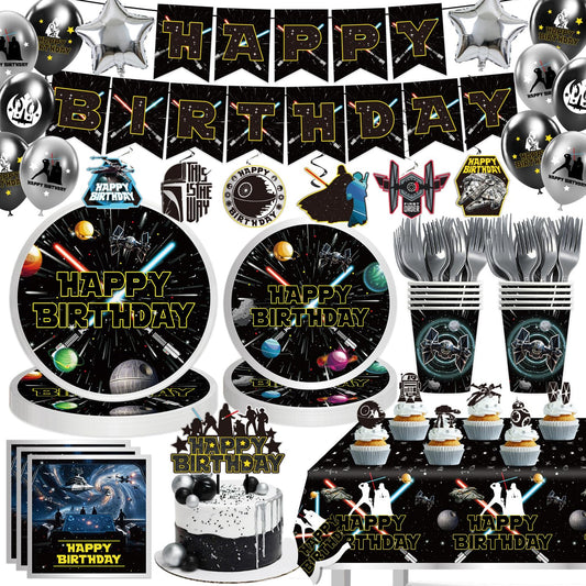 140 Galaxy Wars Birthday Party Decorations, All-in-One Party Supplies Set with Banner, Plates, Cups, Napkins, Balloons, Tablecloth, Hanging Swirls Stickers,Cake Topper,Star Theme Party Tableware Kit