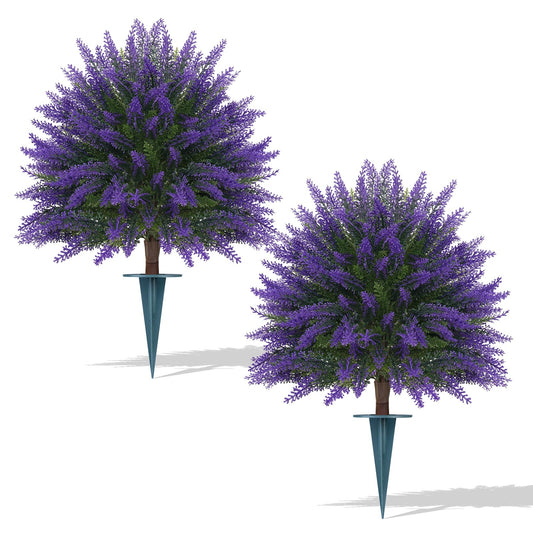 EverNature Artificial Lavender Topiary for Outdoors 2 Set of 16'' UV Resistant Evergreen Fake Shrubs Bushes with Ground Spike Topiary Ball Faux Plants for Outdoor Indoor Front Porch Garden