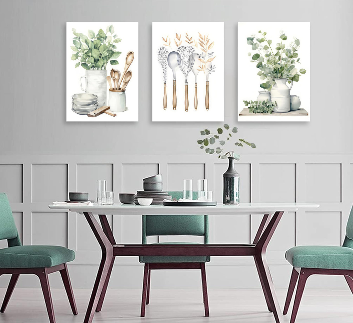 Boho Farmhouse Kitchen Canvas Wall Art Sage Green Plants Painting Pictures Dining Room Wall Decor Eucalyptus Leaves Green Botanical Poster Print Artwork for Farmhouse Kitchen Home Decoration