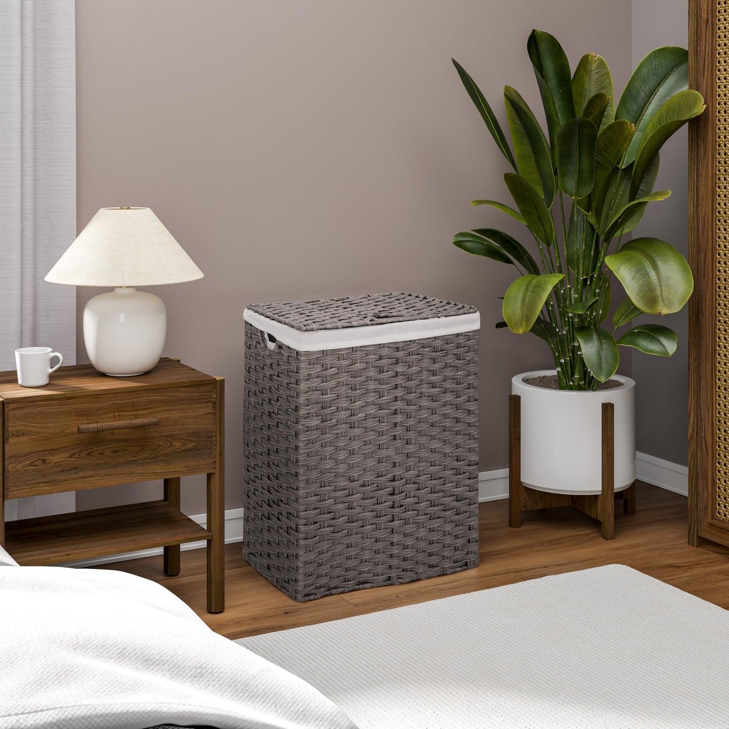 Seville Classics Premium Handwoven Portable Laundry Bin Basket with Carrying Handles, Household Storage for Clothes, Linens, Sheets, Gray, Rectangular Hamper