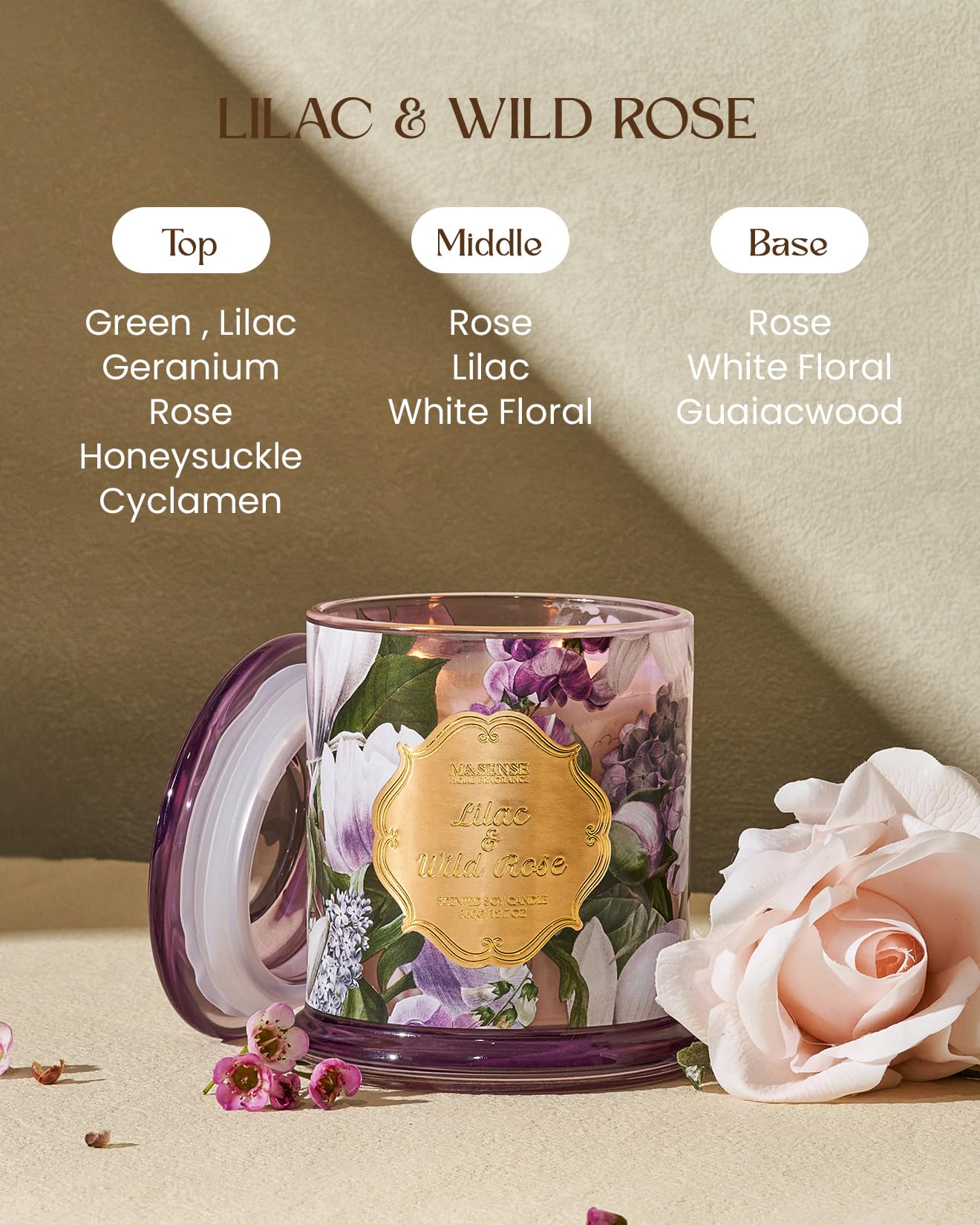 M&SENSE Lilac Rose Candle Scented, 2 Wick 12.7oz Large Natural Soy Non Toxic, Summer Floral Candle Gift for Women, Relaxing 75 Hours Long Lasting Burning Home Fragrance