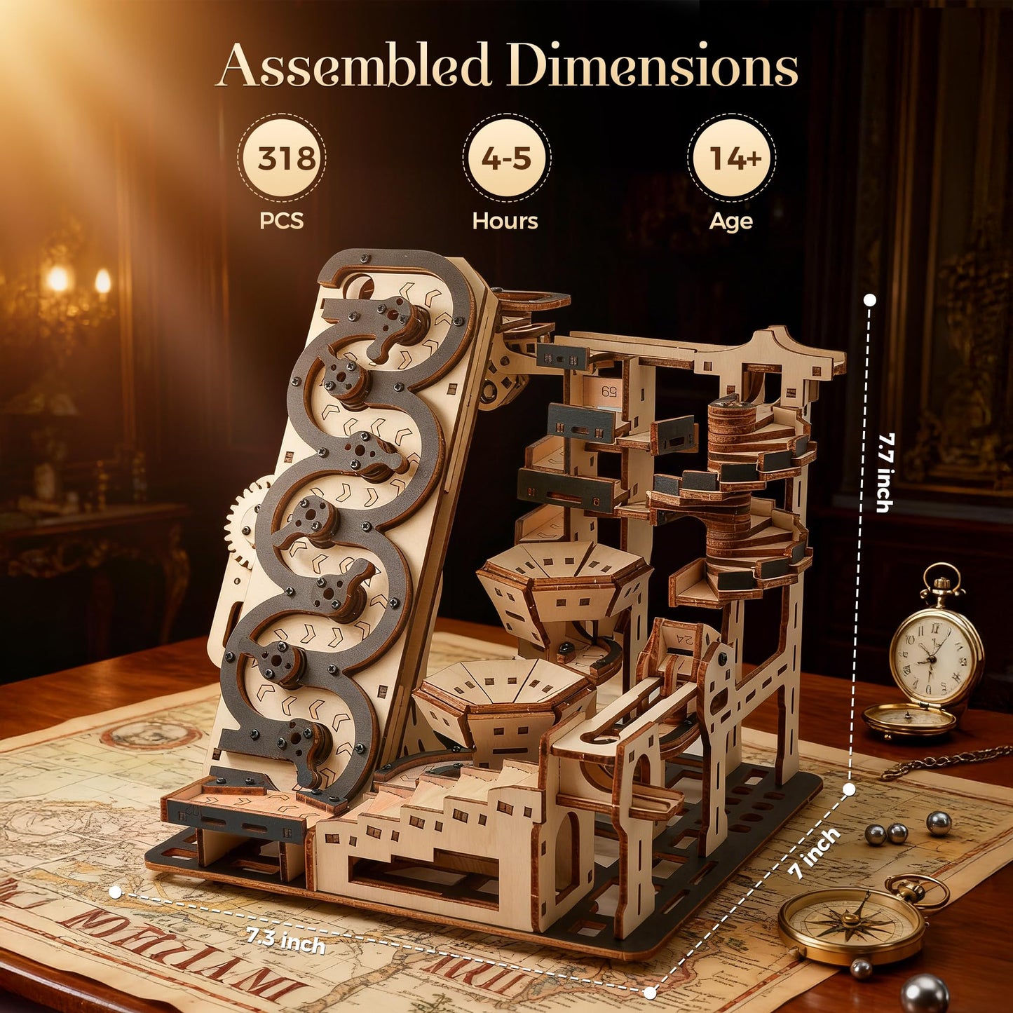 WDPINTU Electric 3D Wooden Kinetic Art - Automated Rolling Ball Maze Building Kit for Adults & Teens. DIY Mechanical Puzzle, STEM Project, Zen Home Office Decor & Brain Teaser Gift