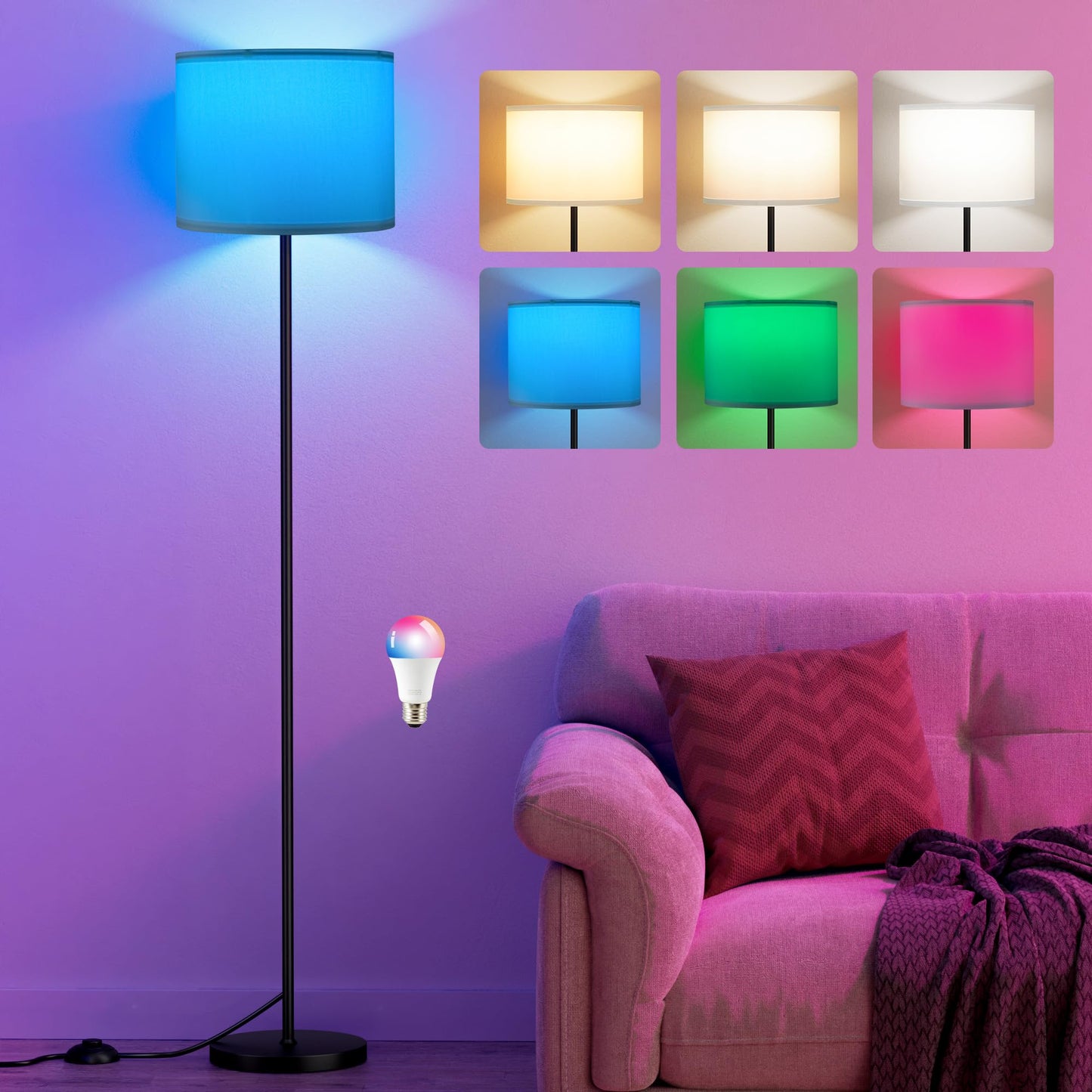 Ambimall Floor Lamp for Living Room with Smart Light Bulb, RGB + Stepless Dimmable Colors Temperature & Brightness(White Shade & Black Pole)