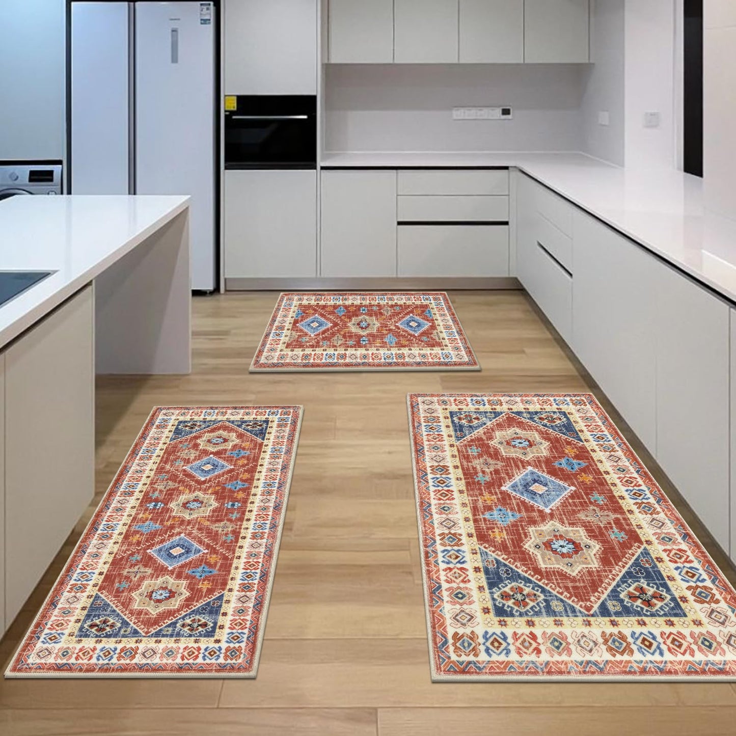 HEBE Boho Kitchen Rug Sets 3 Piece with Runner Non Slip Kitchen Rugs and Mats Washable Kitchen Mats for Floor Thick Kitchen Floor Mat Carpet Runner Rugs for Hallway Laundry Holiday Decor