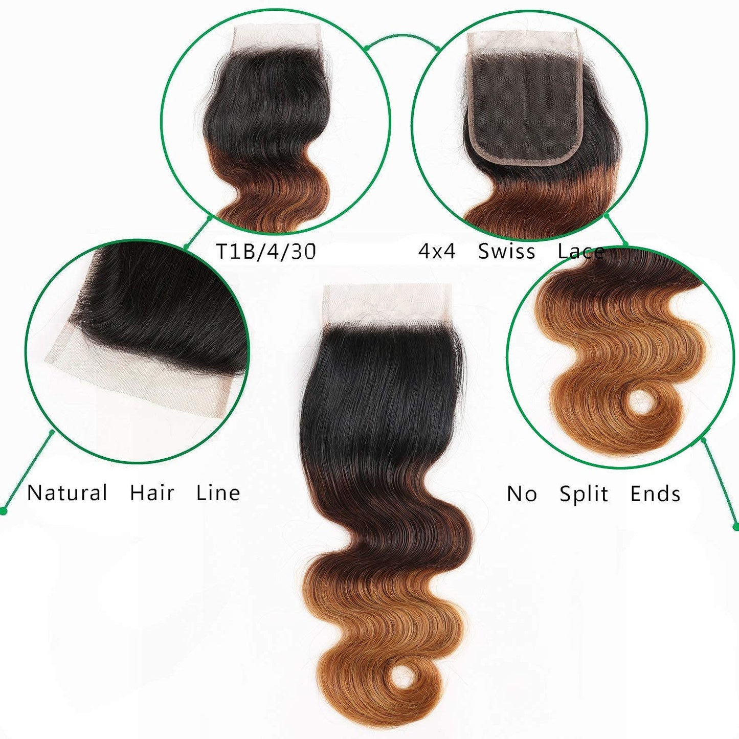 Ombre Bundles With Closure Body Wave Human Hair Brazilian Human Hair 3 Bundles With Closure Weave Hair Human Bundles (12 14 16 + 10 inch, T1B/4/30)