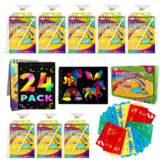 DECOJOY Party Favors for Kids 4-8, Scratch Art Birthday Return Gifts, Bulk Rainbow Scratch Paper Notebook 24 Sets Supplies, Cool Craft Kit Goodie Bags stuffers for Girls Boys School Classroom